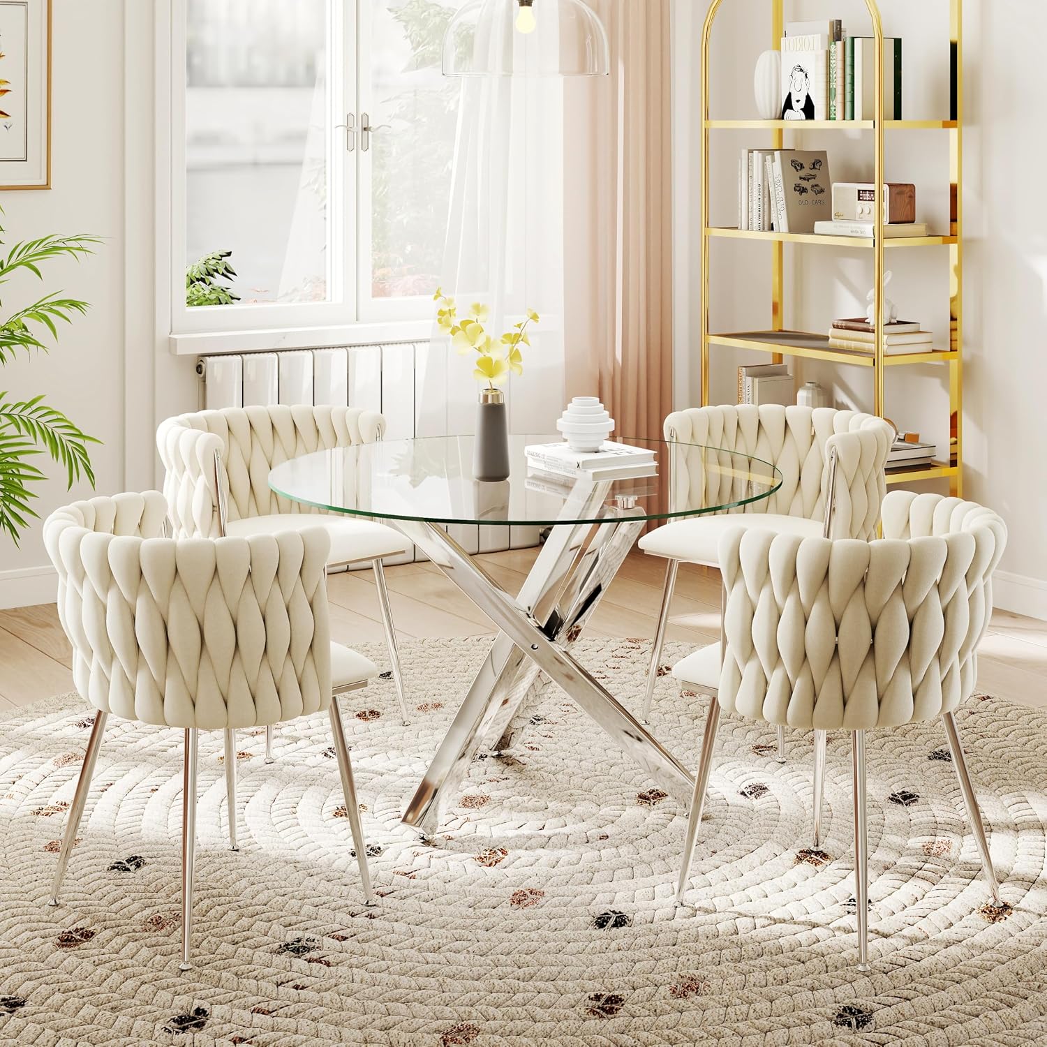 Silver Luxury Round Dining Table Set for 4, 39'' Modern Minimalist Circle Kitchen Table Set, 5 Pcs Small Clear Circular Glass Top Dinner Set, Ivory Woven Chairs Set, for Bedroom Breakfast Nook
