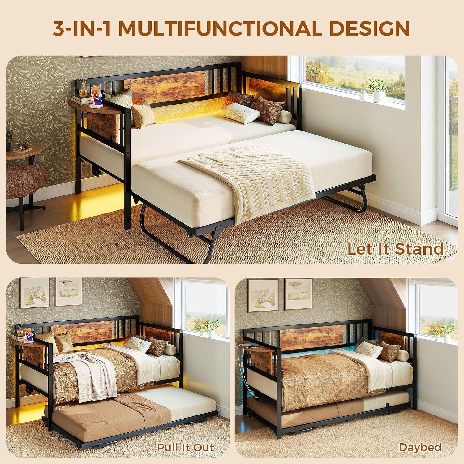 LIKIMIO Daybed with Trundle & Foldable Headboard, 700lbs Metal Twin Bed Frame with LED Lights and Charging Station, Industrial Day Bed for Bedroom, Living Room, Black