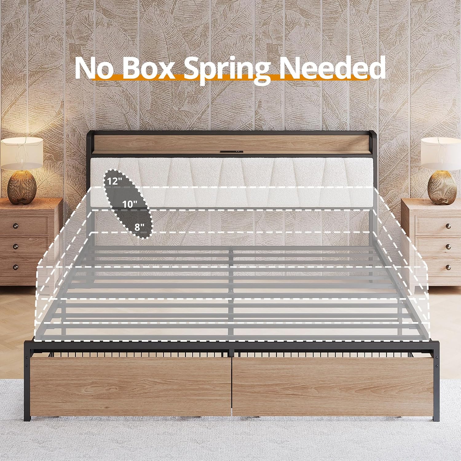 LIKIMIO King Size Bed Frame, Storage Headboard with Charging Station, Platform Bed with Drawers, No Box Spring Needed, Easy Assembly, Wood and Cream