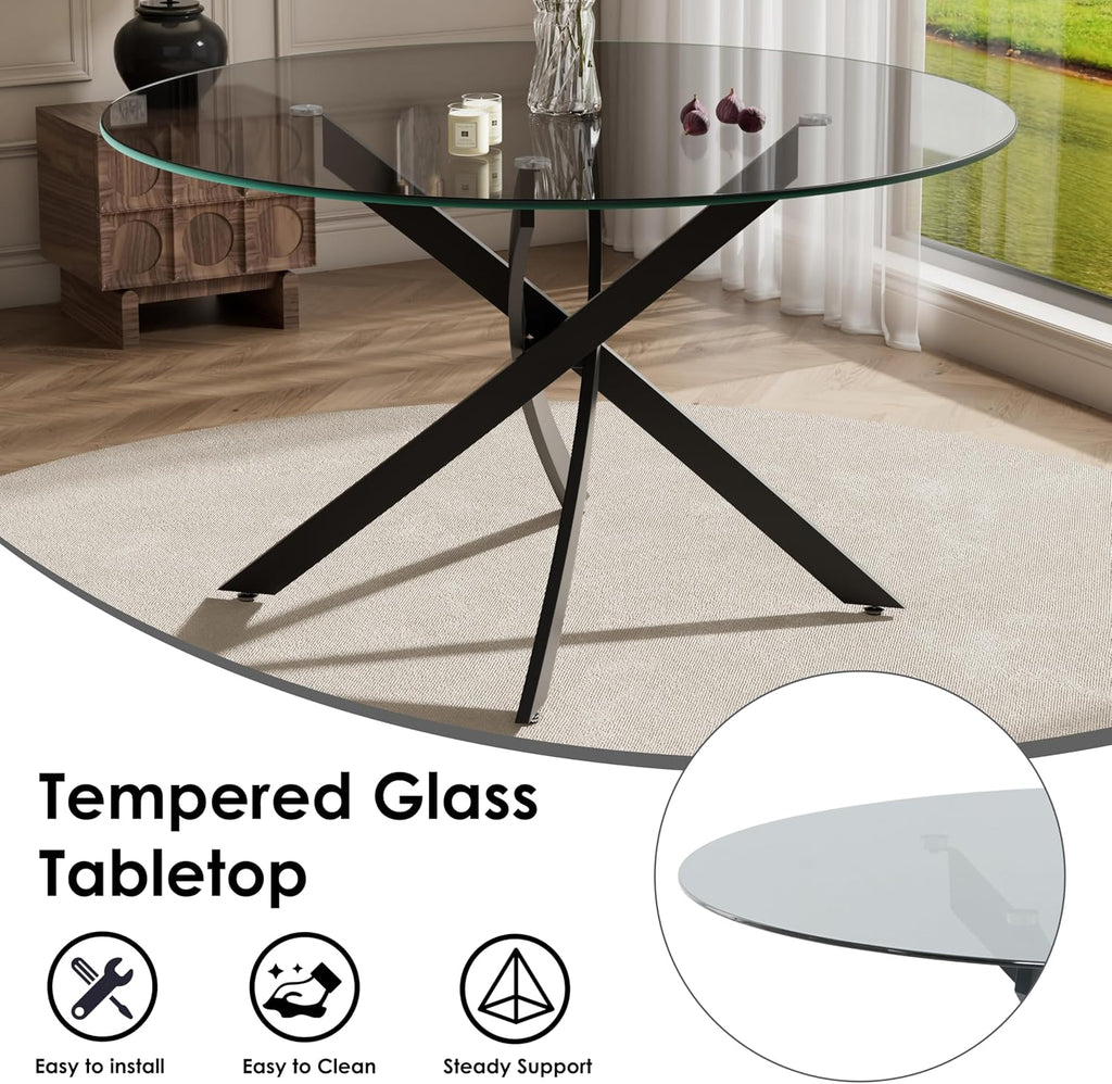 RGZ Round Glass Dining Table Set for 6, 7 Pcs Modern Luxury Circle Kitchen Table Set, 47'' Clear Grey Circular Dinner Table with White PU Faux Leather Chairs Set, for Home Large Apartment (Black)