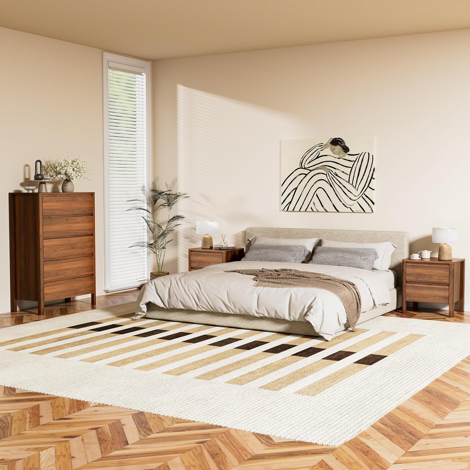 Furniway Walnut Mid-Century Modern 3 Piece Bedroom Furniture Set, 5 Drawer Dresser with Handleless Wood Grain Design and Nightstands Set of 2, Minimalist Storage Dresser for Bedroom