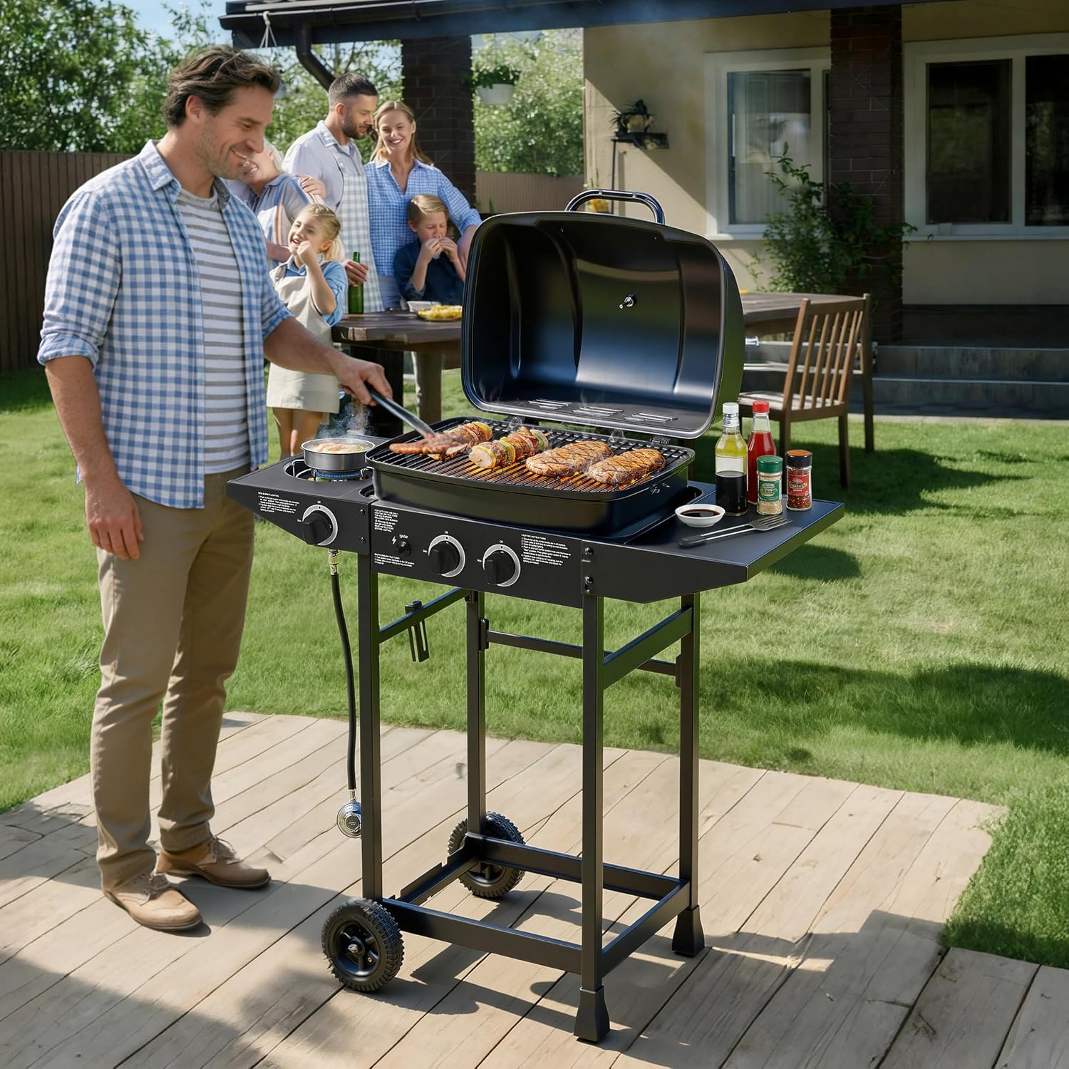 2 Burner Propane Gas Grill with Side Burner, Stainless Steel Outdoor BBQ Grill with Enameled Grates & Side Tables, Portable for Patio Backyard Garden Balcony Cooking (Black, 2 Burner,24000 BTU)