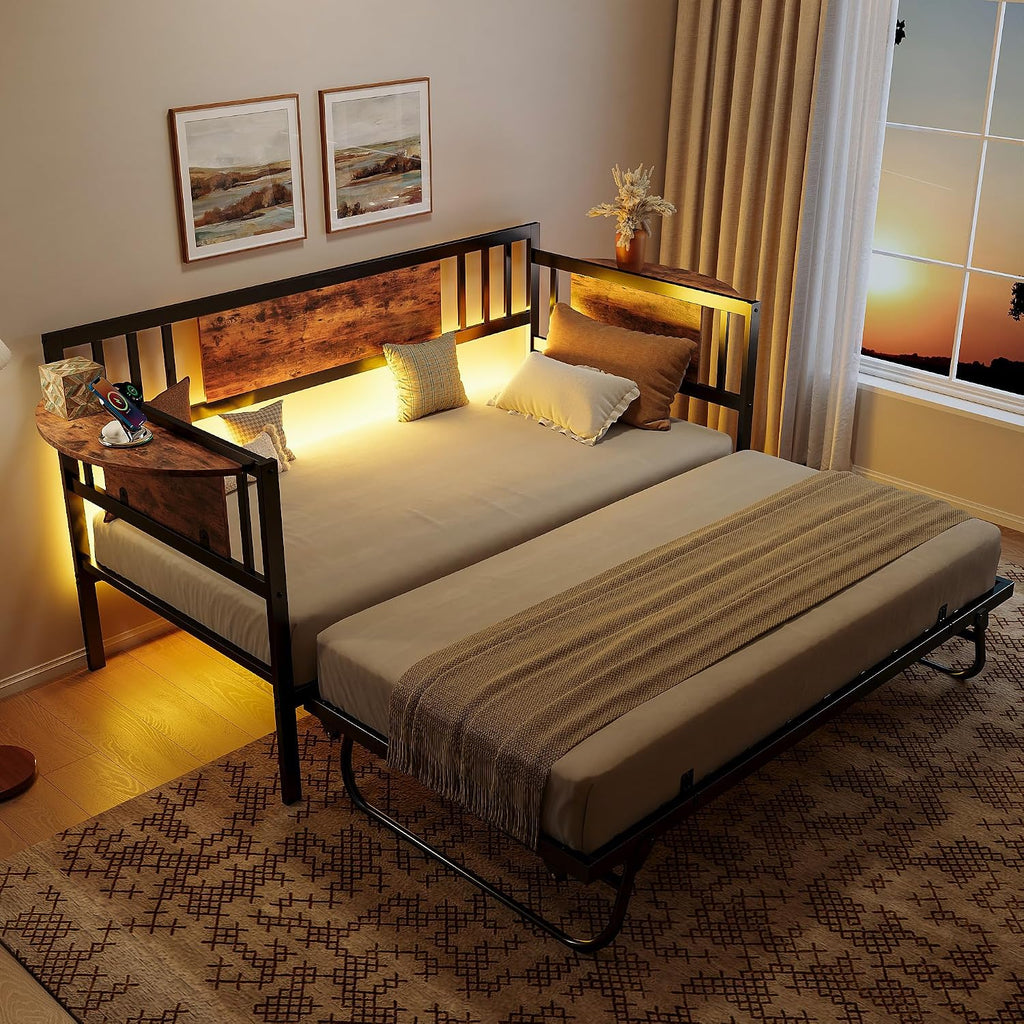LIKIMIO Daybed with Trundle & Foldable Headboard, 700lbs Metal Twin Bed Frame with LED Lights and Charging Station, Industrial Day Bed for Bedroom, Living Room, Black