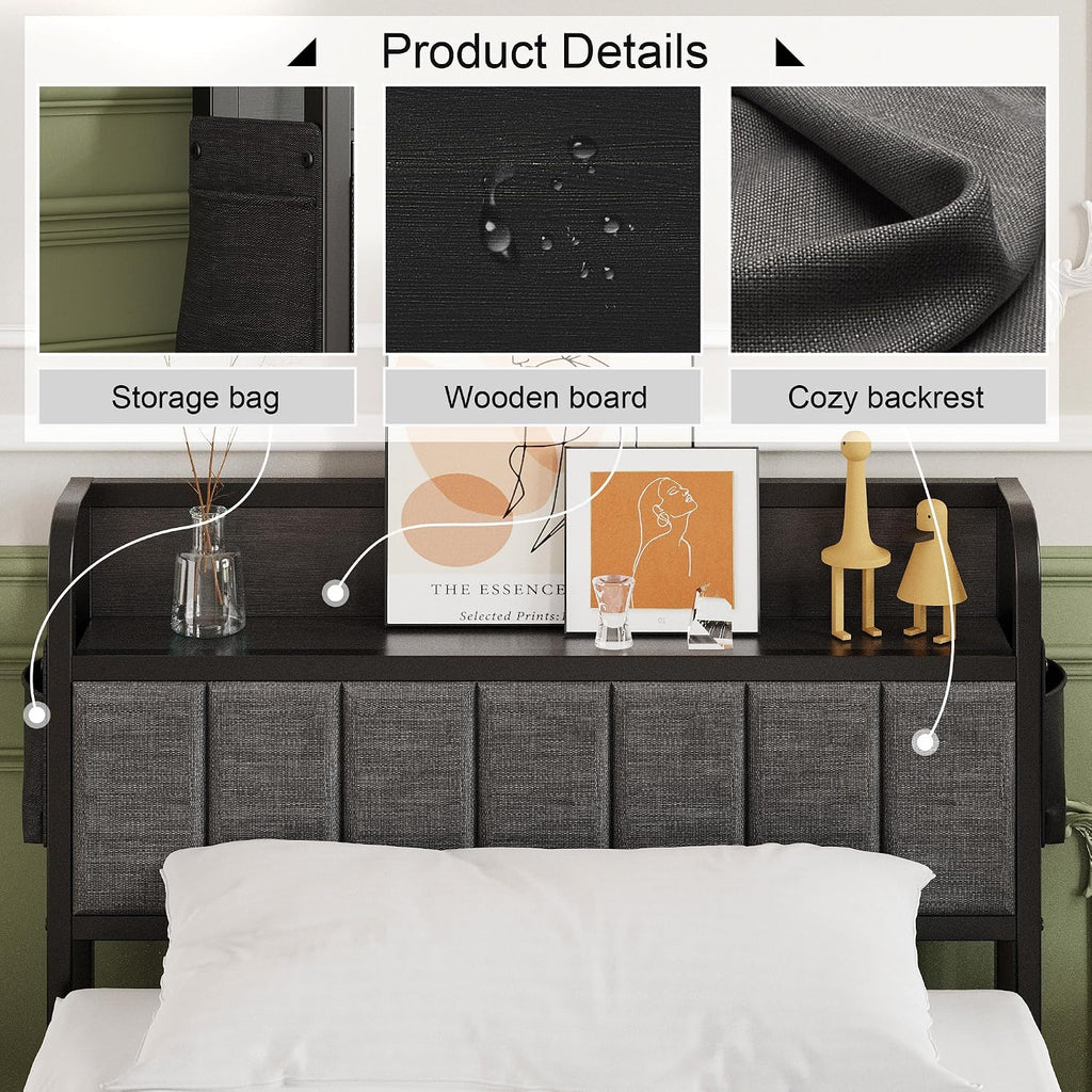 Lutown-Teen 16 Inch Twin Bed Frames with Upholstered Storage Headboard, Heavy Duty Twin Platform Bed No Box Spring Needed, Noise Free, Easy Assembly, Gray