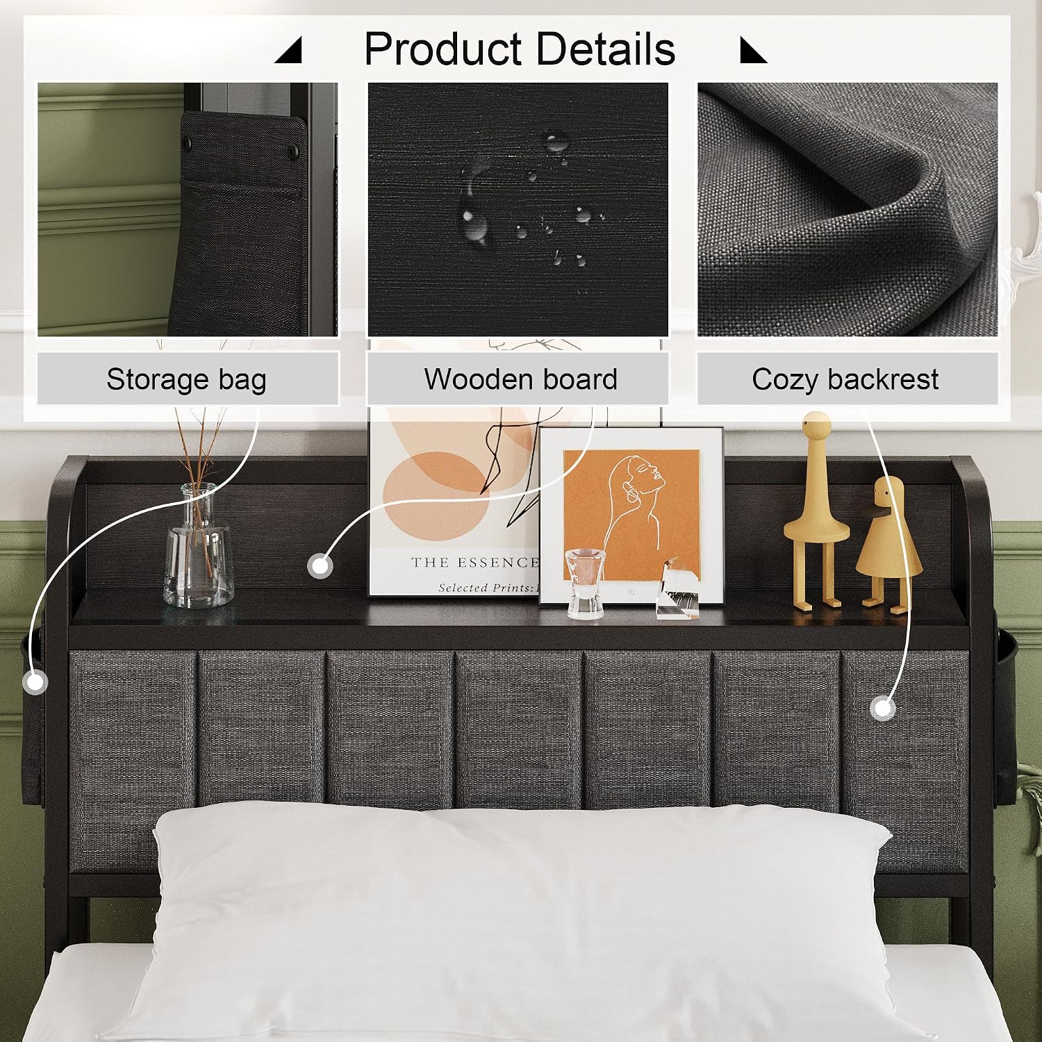 Lutown-Teen 16 Inch Twin Bed Frames with Upholstered Storage Headboard, Heavy Duty Twin Platform Bed No Box Spring Needed, Noise Free, Easy Assembly, Gray