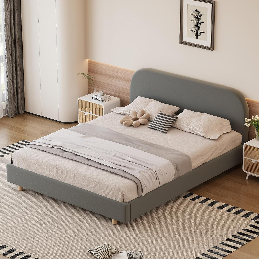 Luxurious Velvet Queen Size Upholstered Platform Bed, Modern Solid Bed Frame with Curve-Shaped Design and Thick Headboard for Bedroom, Easy 15-30 min Assembly,Grey