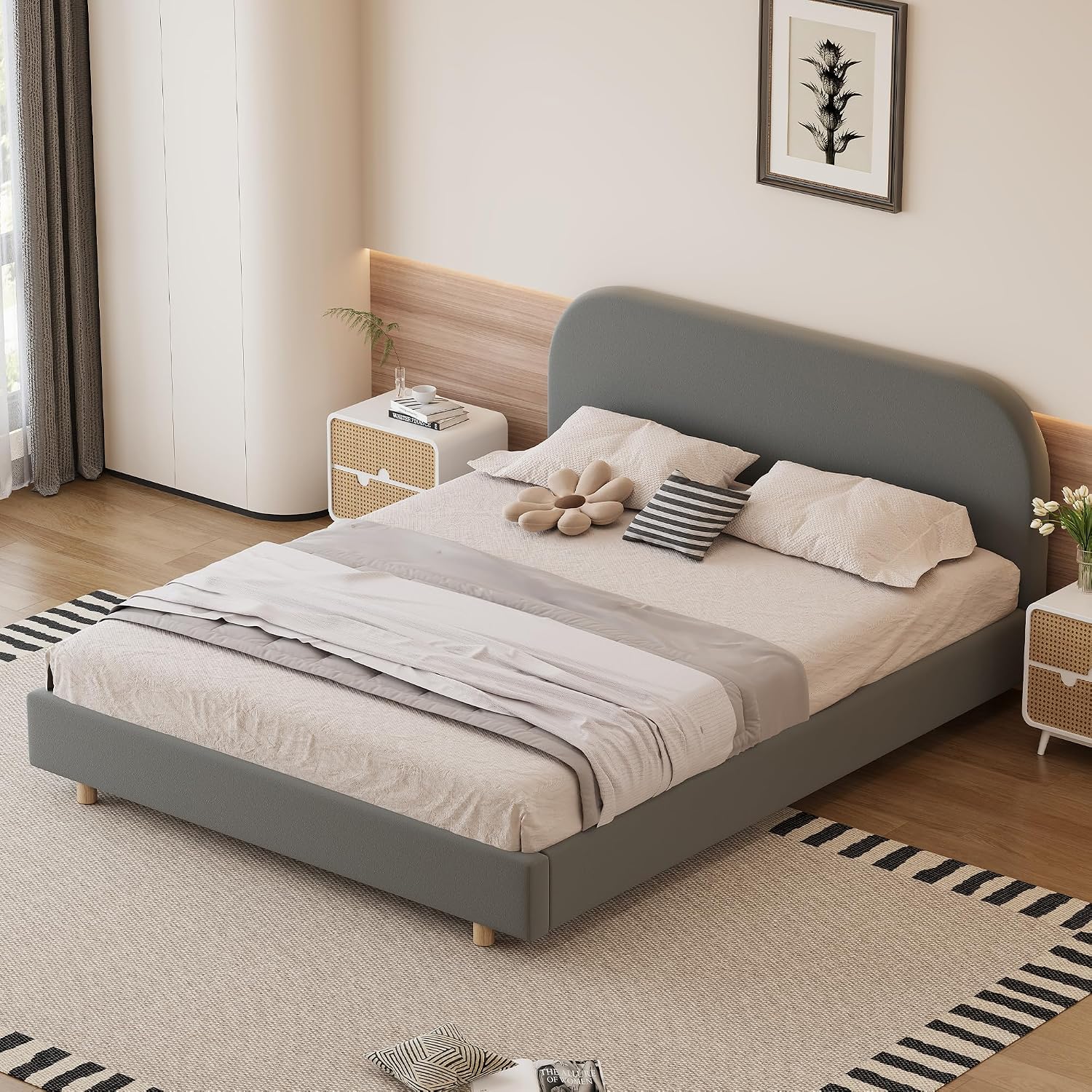 Luxurious Velvet Queen Size Upholstered Platform Bed, Modern Solid Bed Frame with Curve-Shaped Design and Thick Headboard for Bedroom, Easy 15-30 min Assembly,Grey