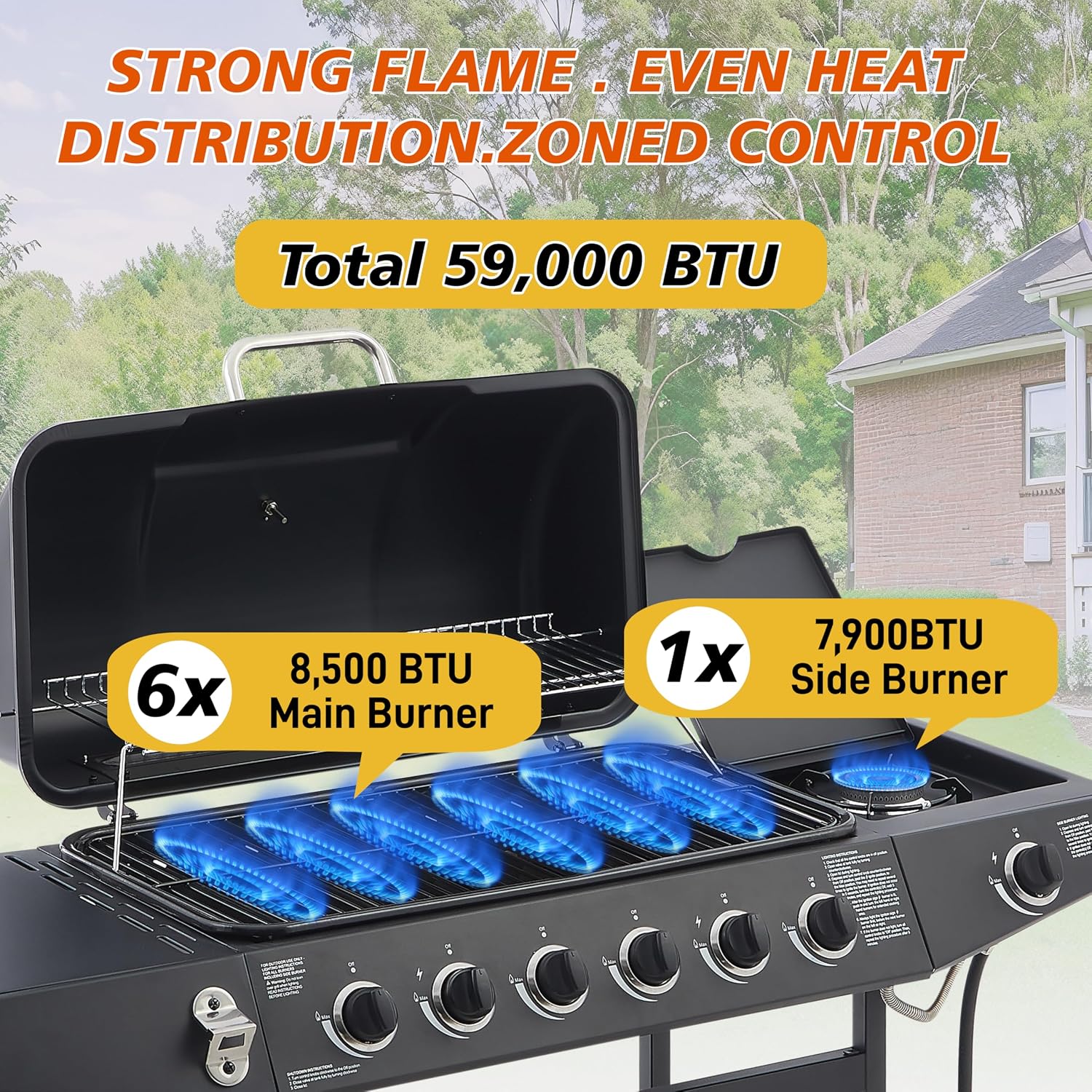 6-Burner Propane Gas Grills for Outdoor Cooking, 59000 BTU BBQ Portable Flat Top Grill Output Stainless Steel Barbecue Grill with Cabinet & Rolling Wheels and Side Tables (6 IN 1)