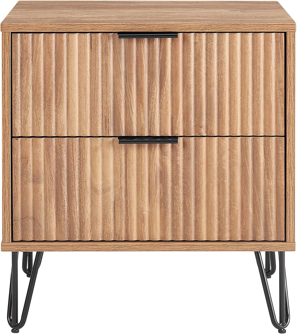 Manhattan Comfort Dumbo Fluted Nightstand with 2 Drawers, Gold Metal Legs and Metal Handles, Snap Tool-Free Assembly, Modern Bedside Accent Table with Storage for Bedroom, Living Room in Golden Brown