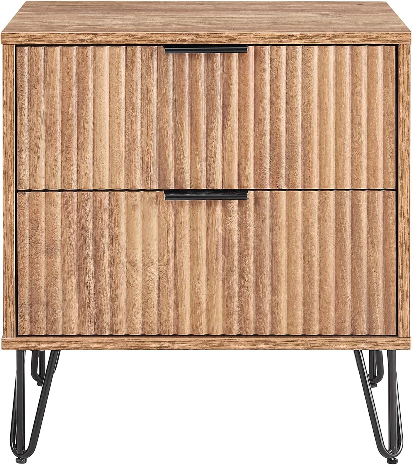 Manhattan Comfort Dumbo Fluted Nightstand with 2 Drawers, Gold Metal Legs and Metal Handles, Snap Tool-Free Assembly, Modern Bedside Accent Table with Storage for Bedroom, Living Room in Golden Brown