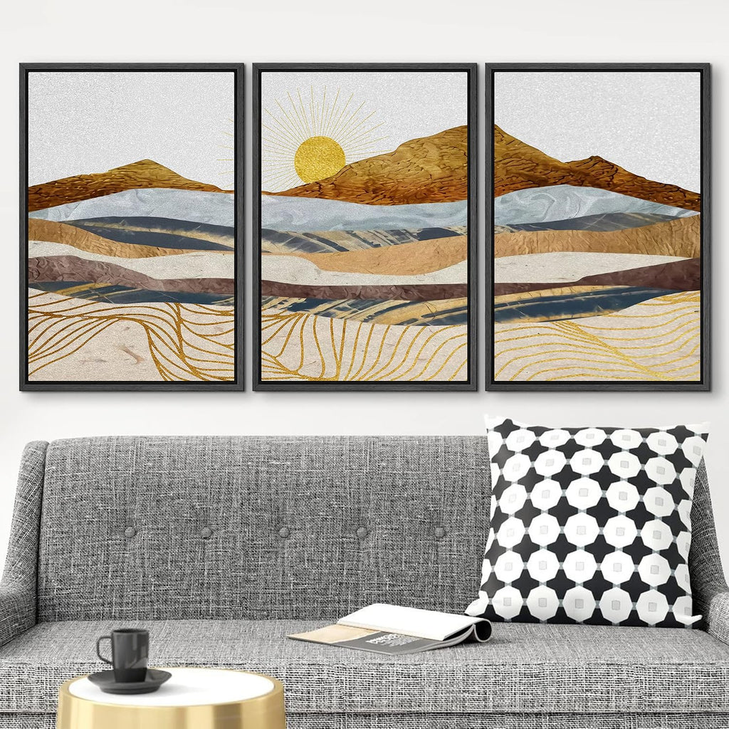 wall26 Framed Canvas Print Wall Art Set Gold Wave Geometric Mountain Range Nature Wilderness Illustrations Modern Art Decorative Landscape Zen for Living Room, Bedroom, Office - 16'x24'x3 Black