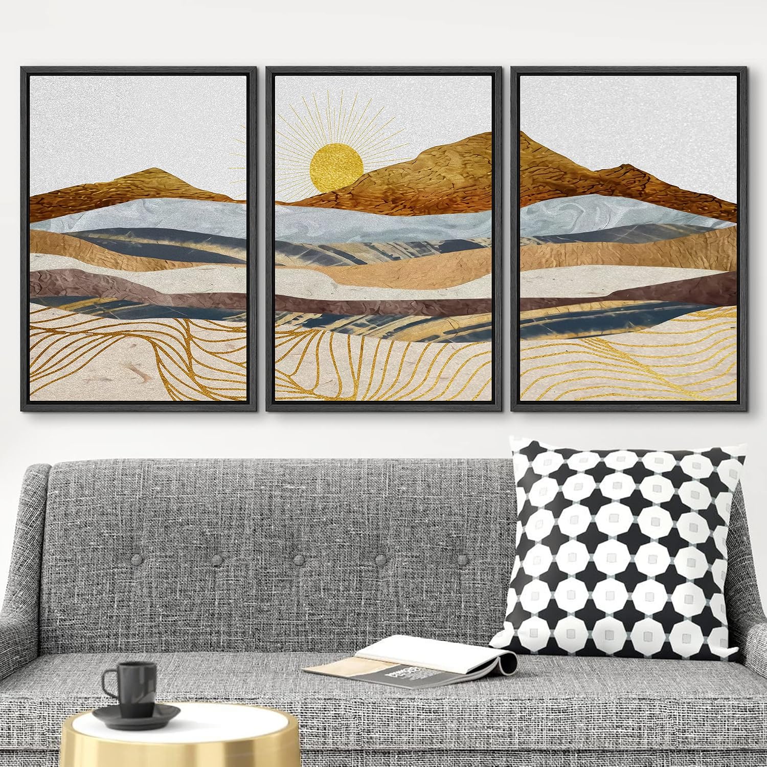 wall26 Framed Canvas Print Wall Art Set Gold Wave Geometric Mountain Range Nature Wilderness Illustrations Modern Art Decorative Landscape Zen for Living Room, Bedroom, Office - 24'x36'x3 Black