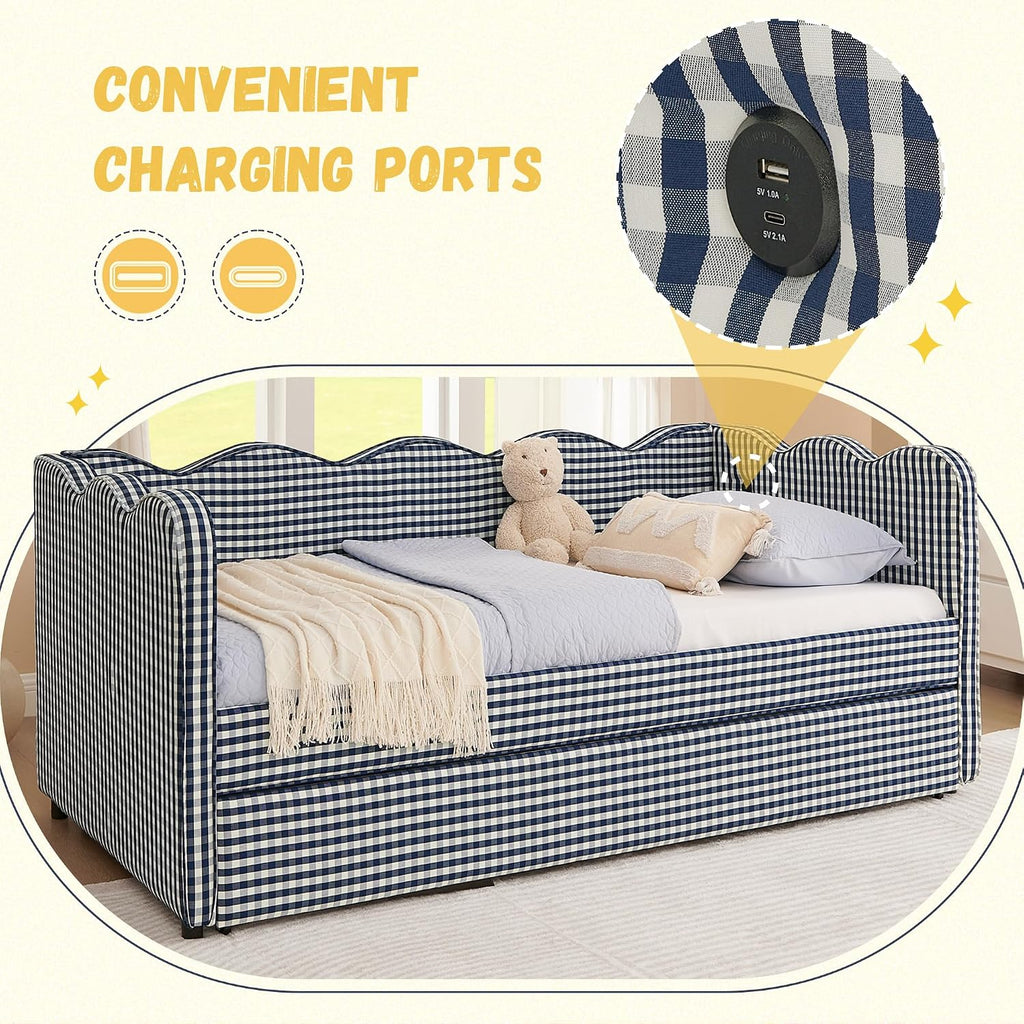 DEINPPA Twin Size Upholstered Daybed with Trundle, Gingham Daybed with USB Ports for Bedroom Living Room Guest Room-Navy