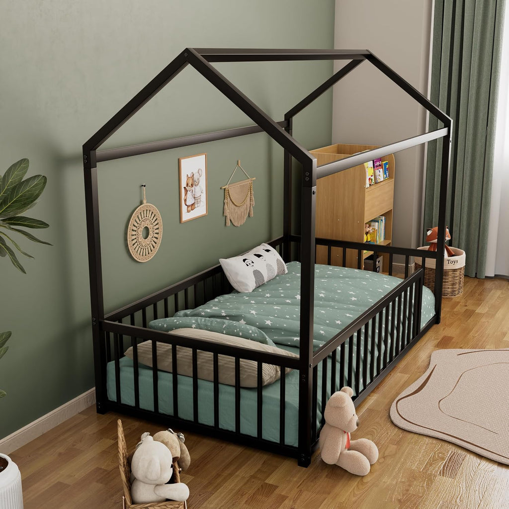 House Shape Twin Size Montessori House Bed Metal Floor Bed Twin Bedframe No Box Spring Needed, Black