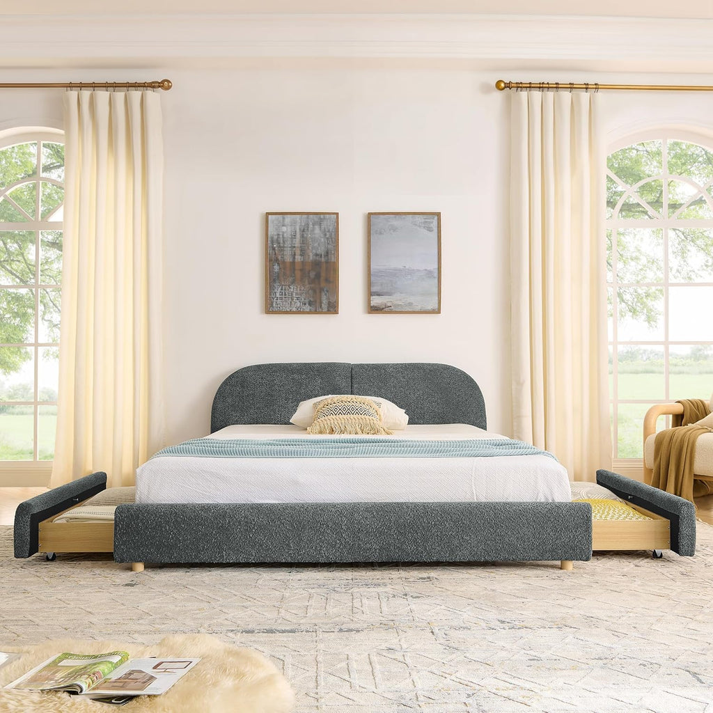 Queen Size Floor Bed Frame with 4 Wheeled Storage Drawer and Tall Curved Headboard, Modern Minimalist Style Upholstered Platform Bed Frame, Wooden Slats Support, Easy Assembly, Dark Grey