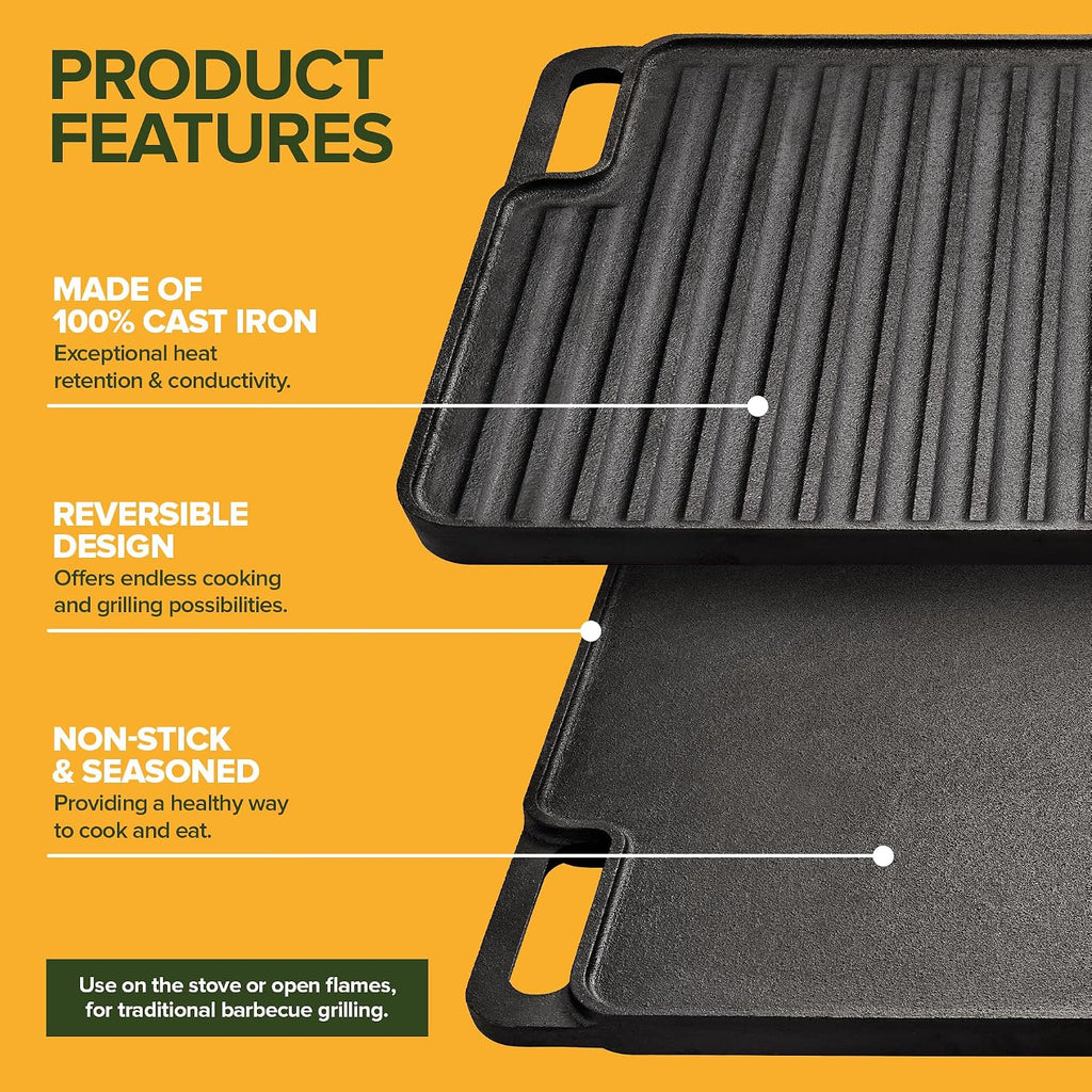 Cast Iron Griddle and Grill Reversible Combo Set with Protective Mitts, Grill Press and Scraper, Preseasoned Stovetop and Camping Griddle Pan (4 Pack)