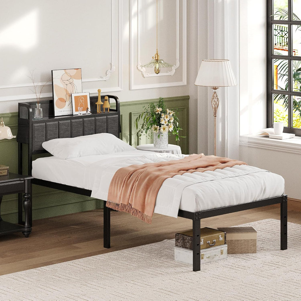 Lutown-Teen 16 Inch Twin Bed Frames with Upholstered Storage Headboard, Heavy Duty Twin Platform Bed No Box Spring Needed, Noise Free, Easy Assembly, Gray