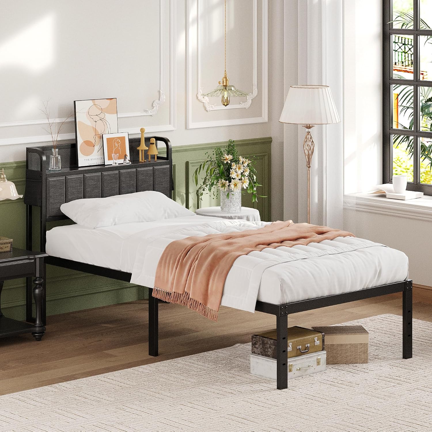 Lutown-Teen 16 Inch Twin Bed Frames with Upholstered Storage Headboard, Heavy Duty Twin Platform Bed No Box Spring Needed, Noise Free, Easy Assembly, Gray