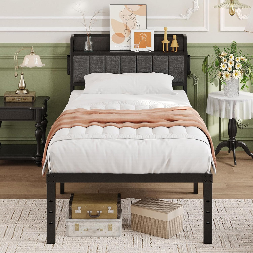 Lutown-Teen 16 Inch Twin Bed Frames with Upholstered Storage Headboard, Heavy Duty Twin Platform Bed No Box Spring Needed, Noise Free, Easy Assembly, Gray