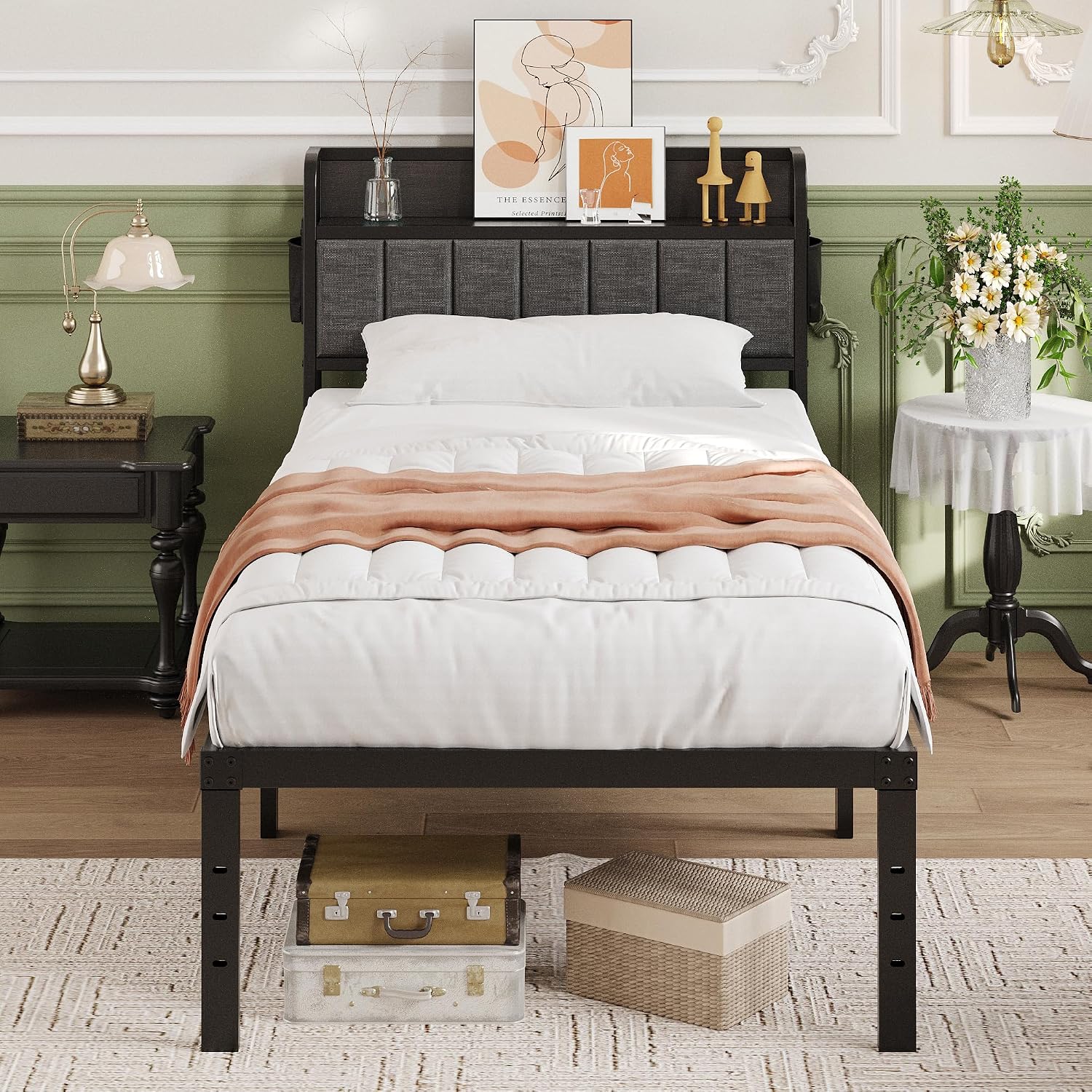 Lutown-Teen 16 Inch Twin Bed Frames with Upholstered Storage Headboard, Heavy Duty Twin Platform Bed No Box Spring Needed, Noise Free, Easy Assembly, Gray