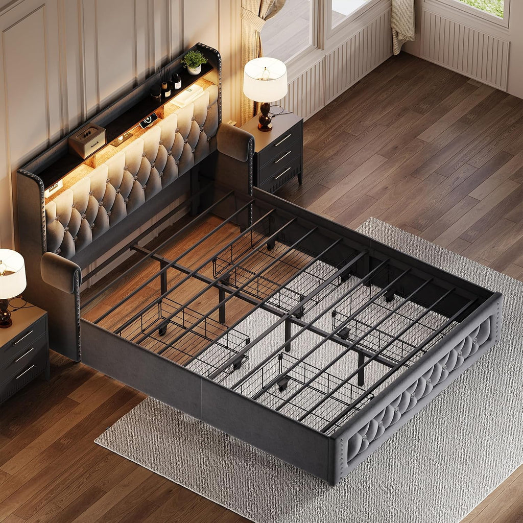 Ailisite Full Size Bed Frame with 4 Storage Drawers and RGB Led Lights,Velvet Upholstered Full Platform Bed with Charging Station and Bookcase Storage Headboard, with Crystal and Rivet Deco, Grey
