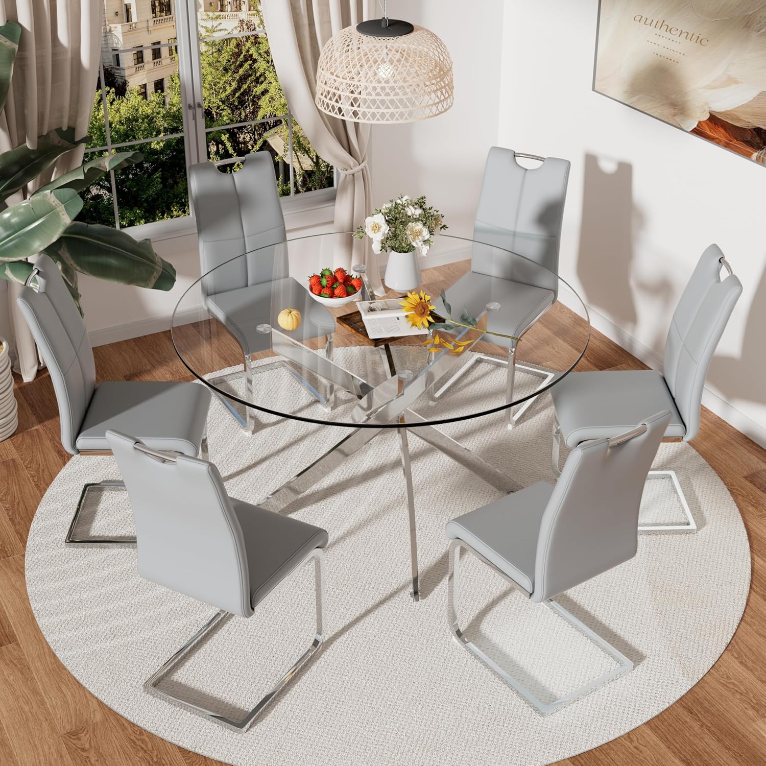 RGZ 7 Pieces Modern Round Kitchen Set, Clear Circle Glass Dining Table with Light Grey PU Faux Leather Chairs Set of 6, 47'' Large Luxury Circular Dinner Room Set, for Apartment Bedroom (Silver)