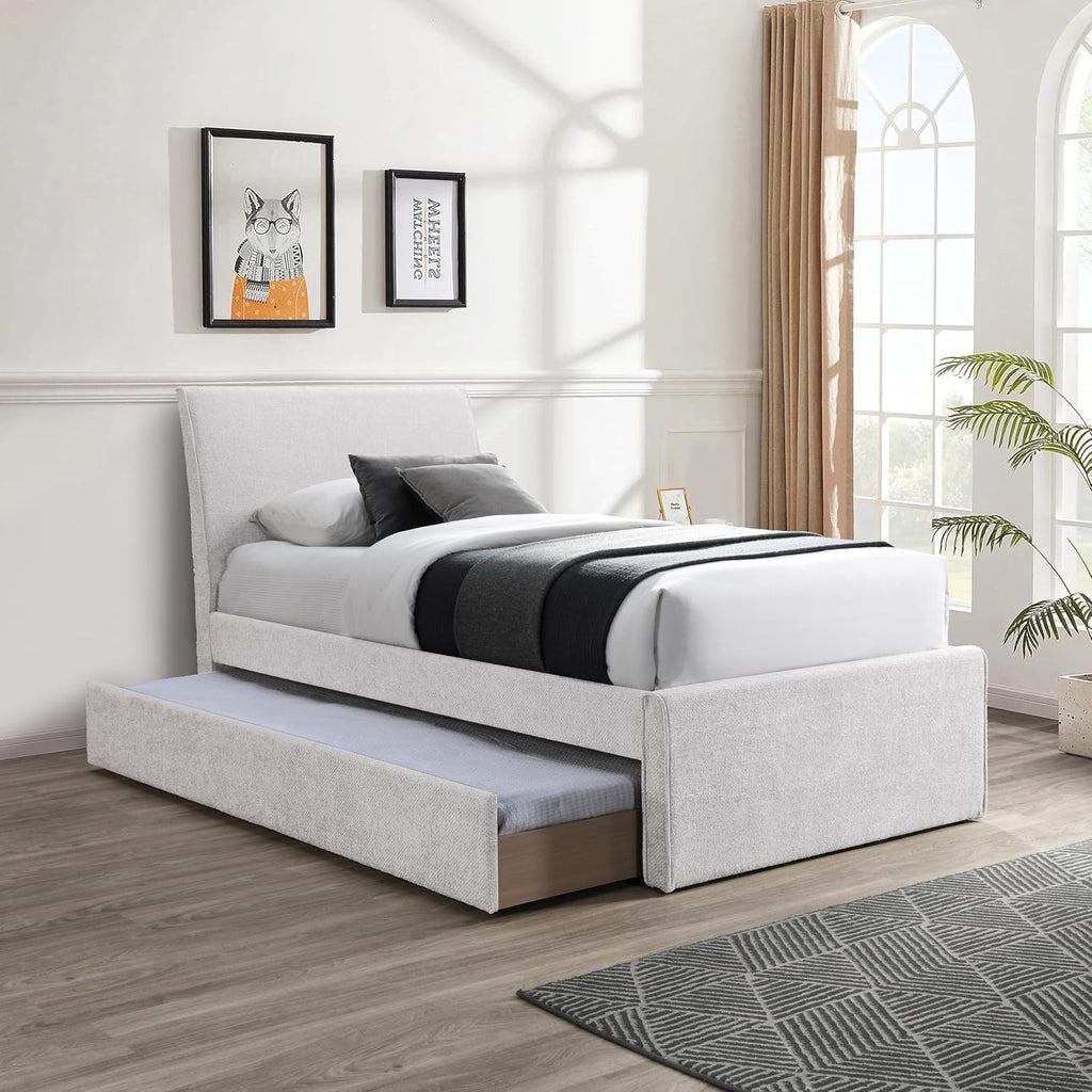 Meridian Furniture B1262Cream-T Myles Collection Modern | Contemporary Twin Trundle Bed with Soft Cream Chenille Cross Hatched Fabric, 41.5' W x 85' D x 44.5' H, Cream, Twin