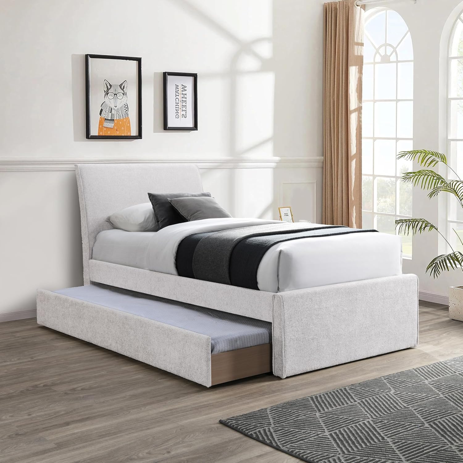 Meridian Furniture B1262Cream-T Myles Collection Modern | Contemporary Twin Trundle Bed with Soft Cream Chenille Cross Hatched Fabric, 41.5' W x 85' D x 44.5' H, Cream, Twin