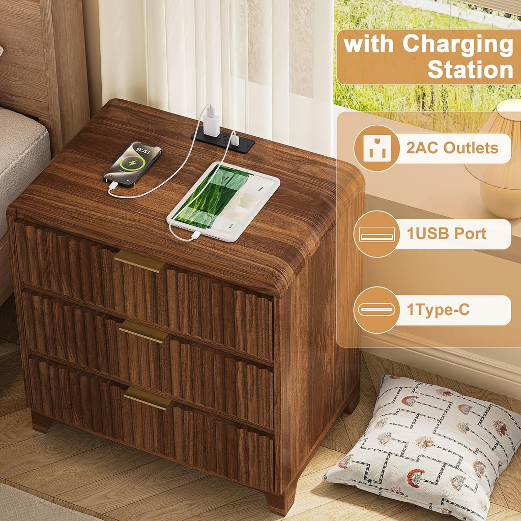 8 Drawer Dresser and 2 Nightstand Sets for Bedroom 3 Pcs Bedroom Set, Modern 39.4' Fluted Dresser with Invisible Handles Nightstand Charging Station, Bedroom Furniture Set for Living Room, Natural Oak