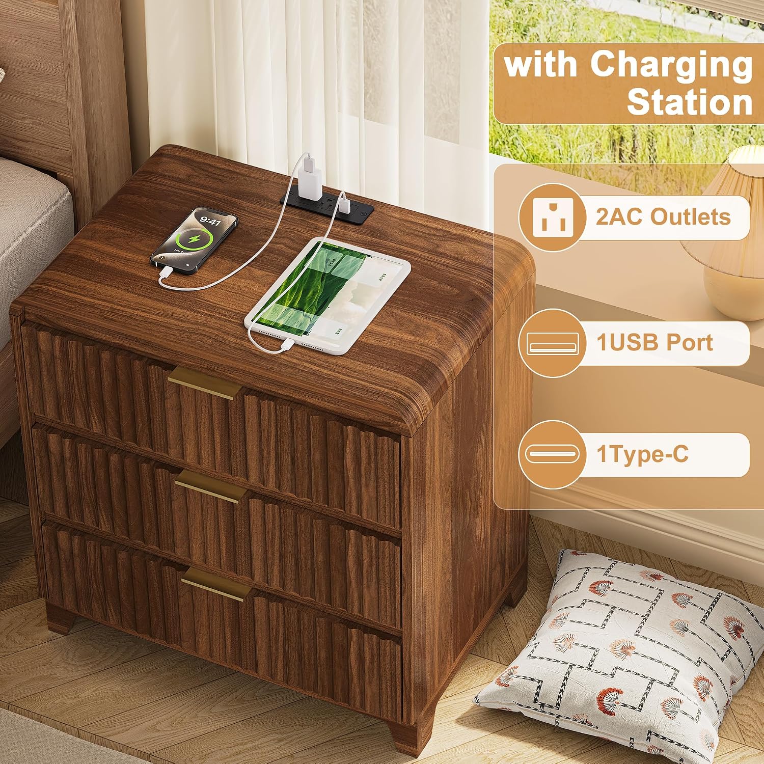 8 Drawer Dresser and 2 Nightstand Sets for Bedroom 3 Pcs Bedroom Set, Modern 39.4' Fluted Dresser with Invisible Handles Nightstand Charging Station, Bedroom Furniture Set for Living Room, Natural Oak