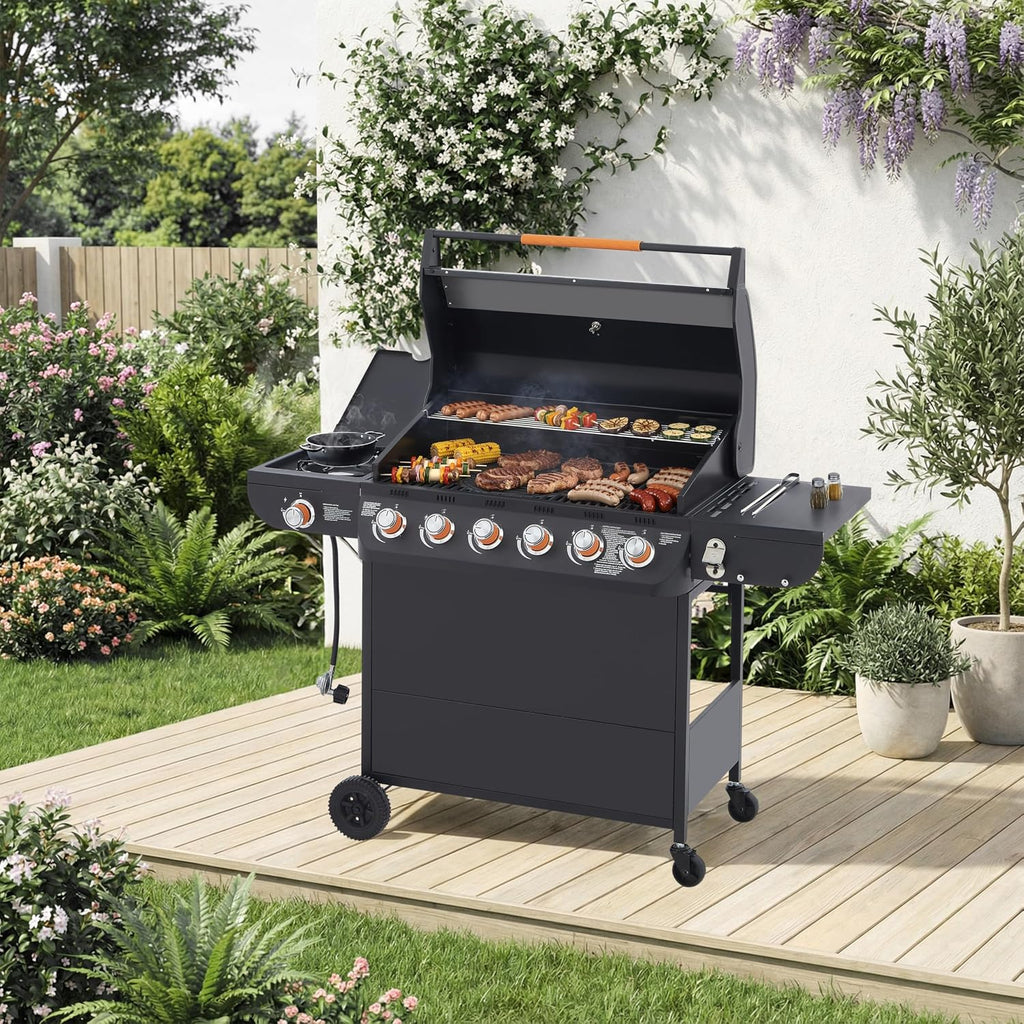6 Burner Propane Gas Grill with Side Burner, 72000 BTU Stainless Steel Portable Bbq Grills, 650 Sq.In Cooking Area with Warming Rack, Cast Iron Grates, Wheels, Freestanding for Backyard Patio