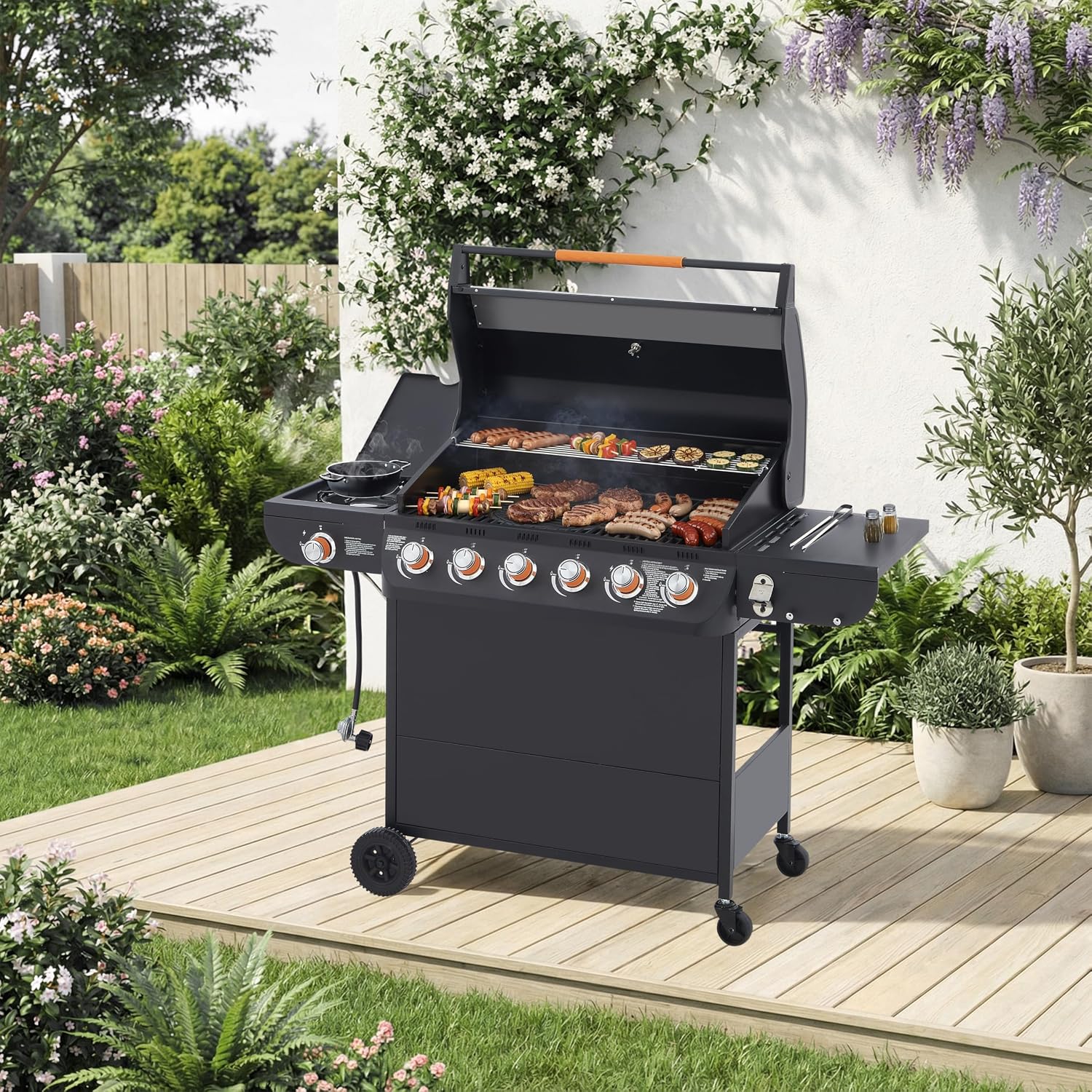 6 Burner Propane Gas Grill with Side Burner, 72000 BTU Stainless Steel Portable Bbq Grills, 650 Sq.In Cooking Area with Warming Rack, Cast Iron Grates, Wheels, Freestanding for Backyard Patio