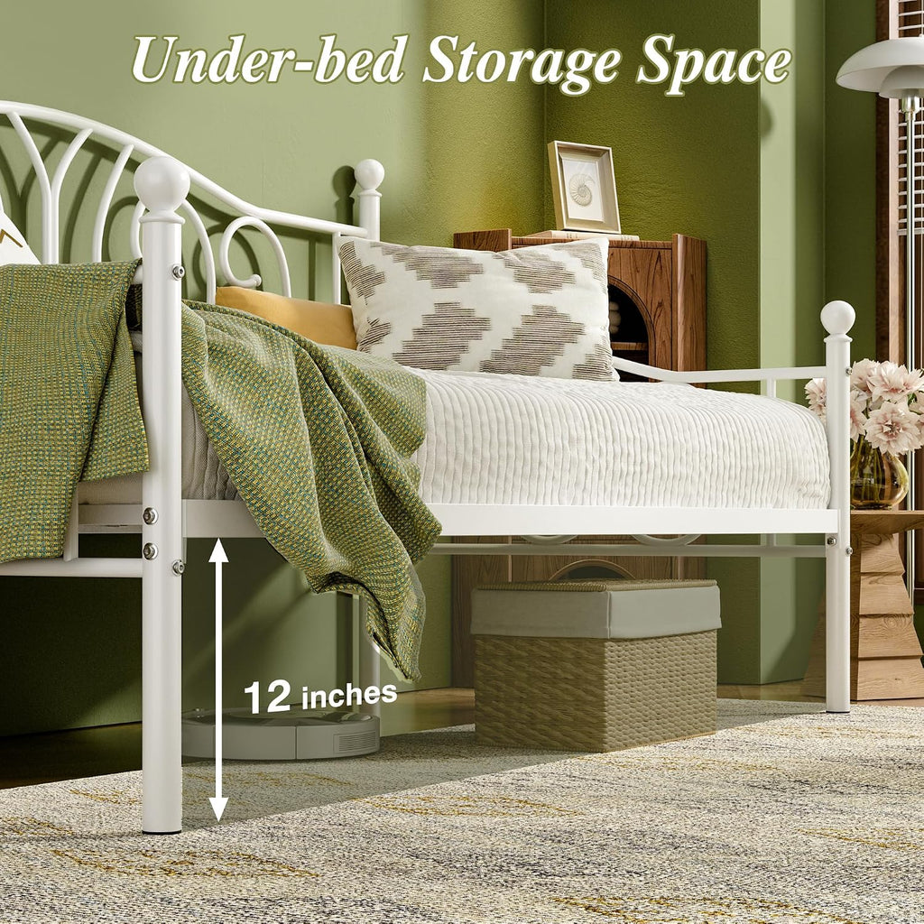 VECELO Metal Daybed Frame Multifunctional Platform Bed Sofa Mattress Foundation with Deluxe Headboard, Twin, White