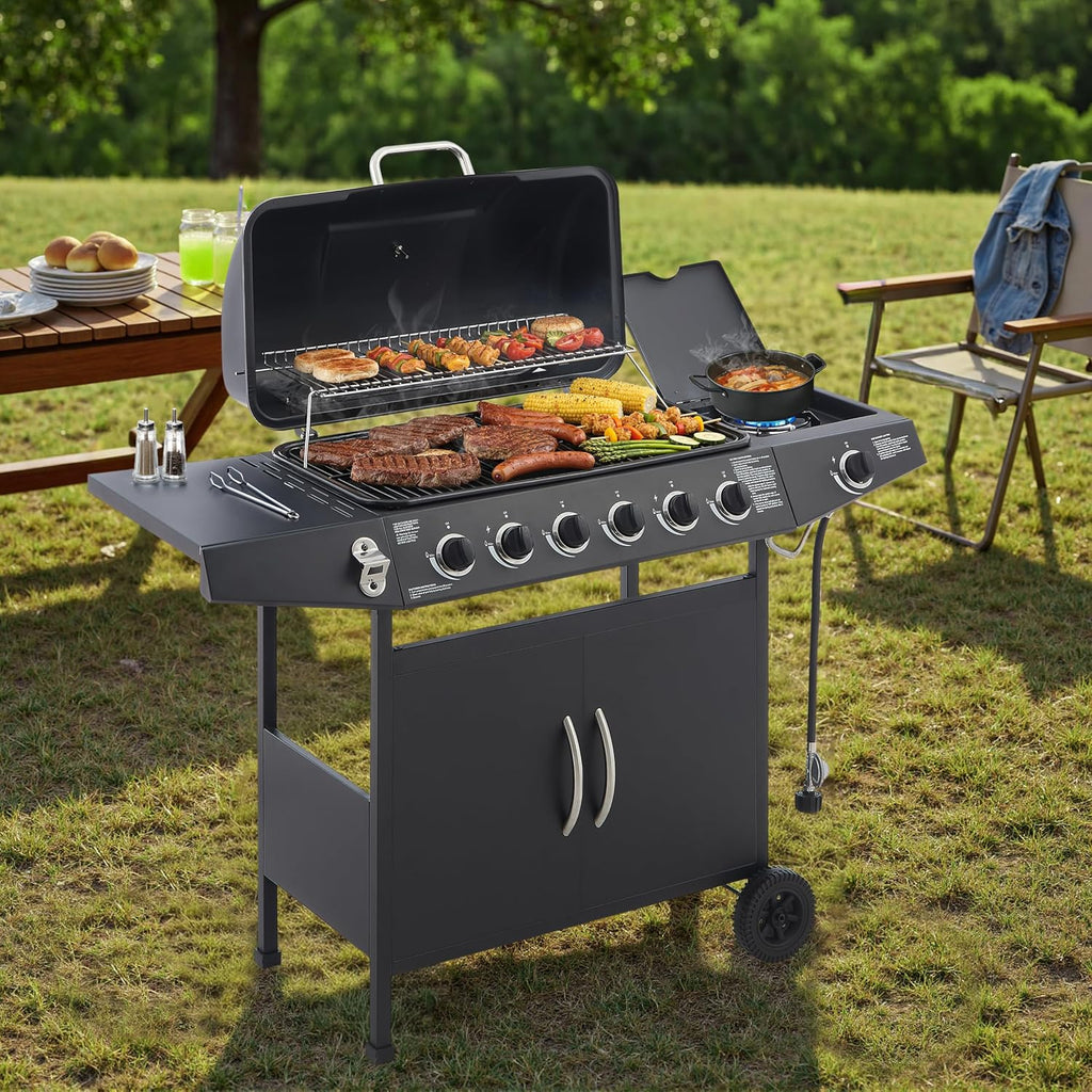 6-Burner Propane Gas Grills for Outdoor Cooking, 59000 BTU BBQ Portable Flat Top Grill Output Stainless Steel Barbecue Grill with Cabinet & Rolling Wheels and Side Tables (6 IN 1)