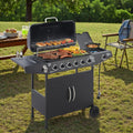 6-Burner Propane Gas Grills for Outdoor Cooking, 59000 BTU BBQ Portable Flat Top Grill Output Stainless Steel Barbecue Grill with Cabinet & Rolling Wheels and Side Tables (6 IN 1)