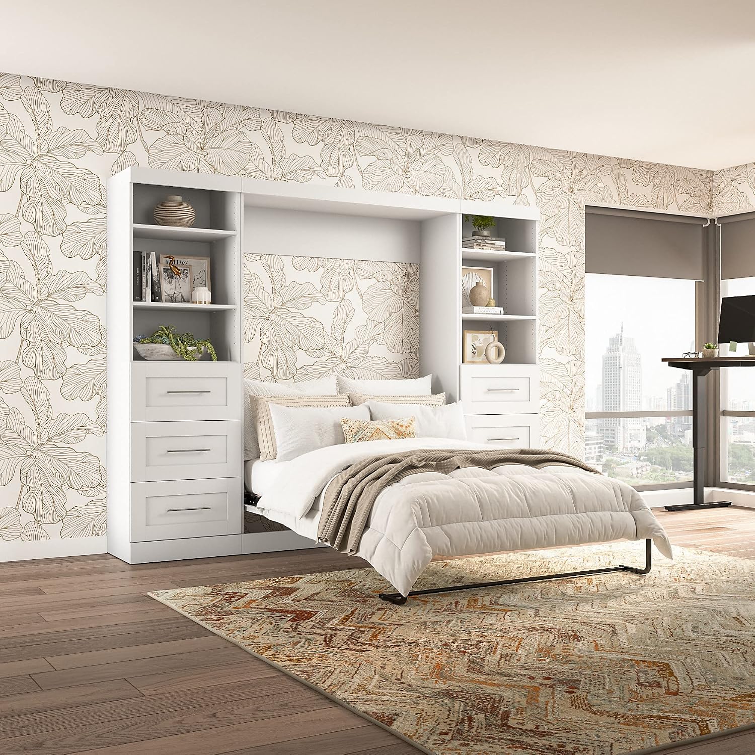 Bestar Pur Full Murphy Bed and 2 Shelving Units with Drawers, 109-inch Space-Saving Sleeping Arrangement in White