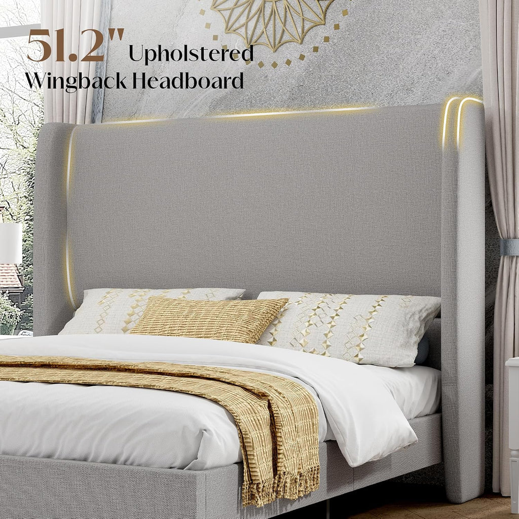 PaPaJet Full Size Bed Frame with 51.2' Wingback Headboard,Line Upholstered Platform Bed,Solid Wood Legs,No Box Spring Needed,Noise-Free&Easy Assembly,for Teen Girls, Dorm, Small Bedroom,Light Grey