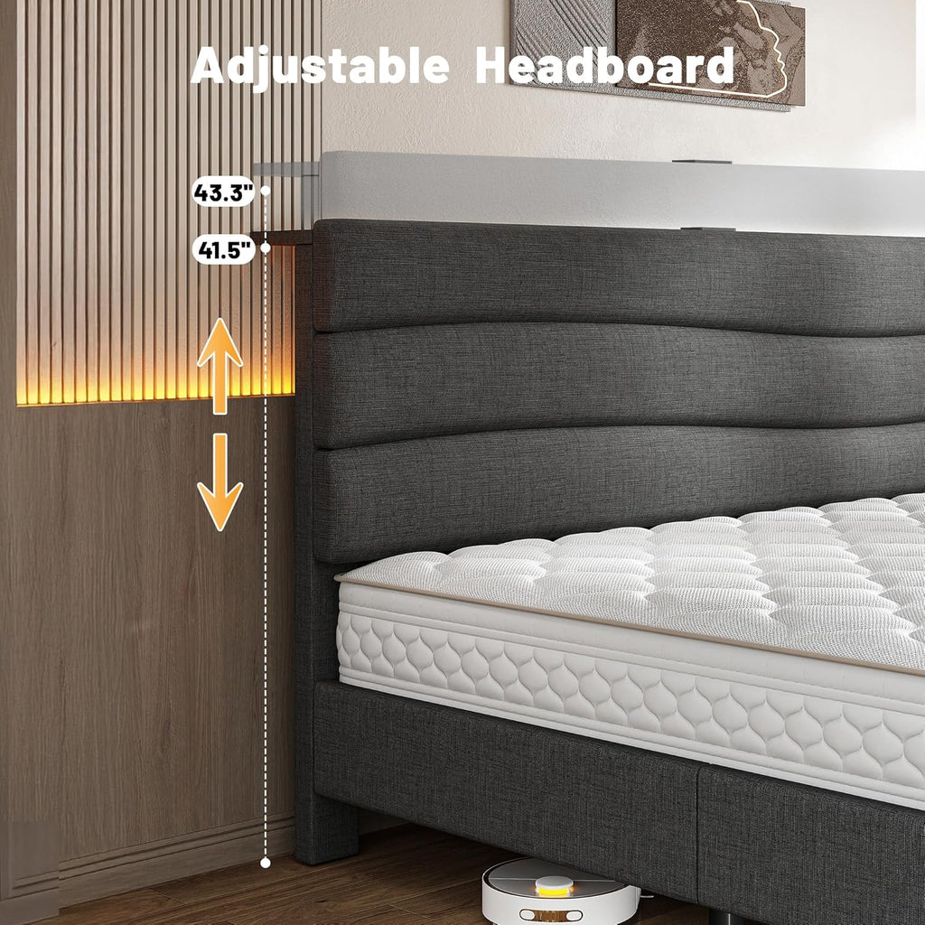 EnHomee King Bed Frame with Adjustable Height Upholstered Headboard, 3 USB Charging Ports, Noise-Free Platform Bed, No Box Spring Needed, Grey