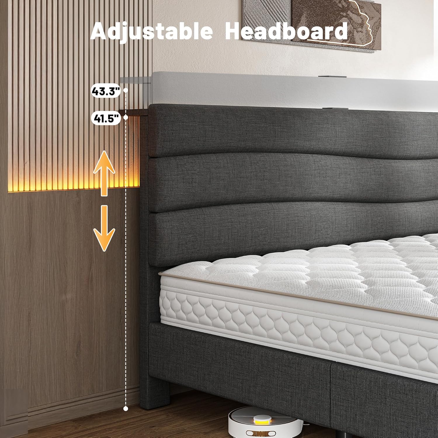 EnHomee King Bed Frame with Adjustable Height Upholstered Headboard, 3 USB Charging Ports, Noise-Free Platform Bed, No Box Spring Needed, Grey