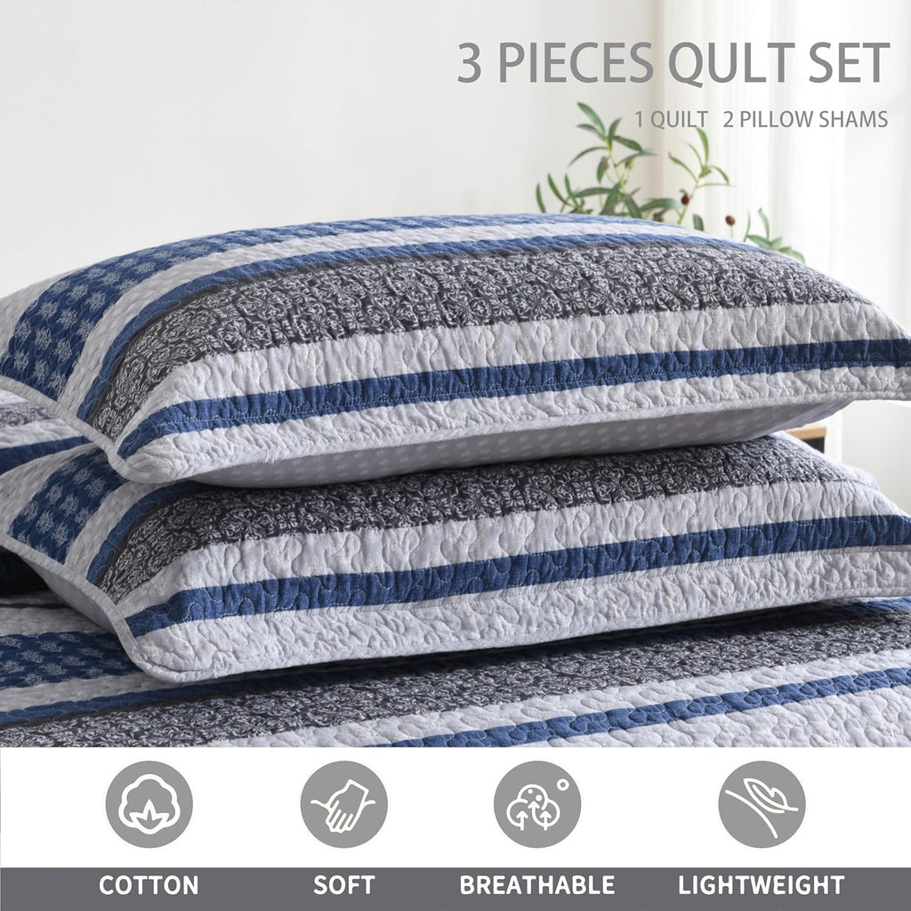 Homzard 100% Cotton Quilt Set,California King 118'' x 106'' Oversized Bedspread Set with 2 Pillow Shams, Blue Gray Lightweight Comforter Set Striped Floral Bedding Sets, 3 Piece King Bed Set | Breathable Bedding