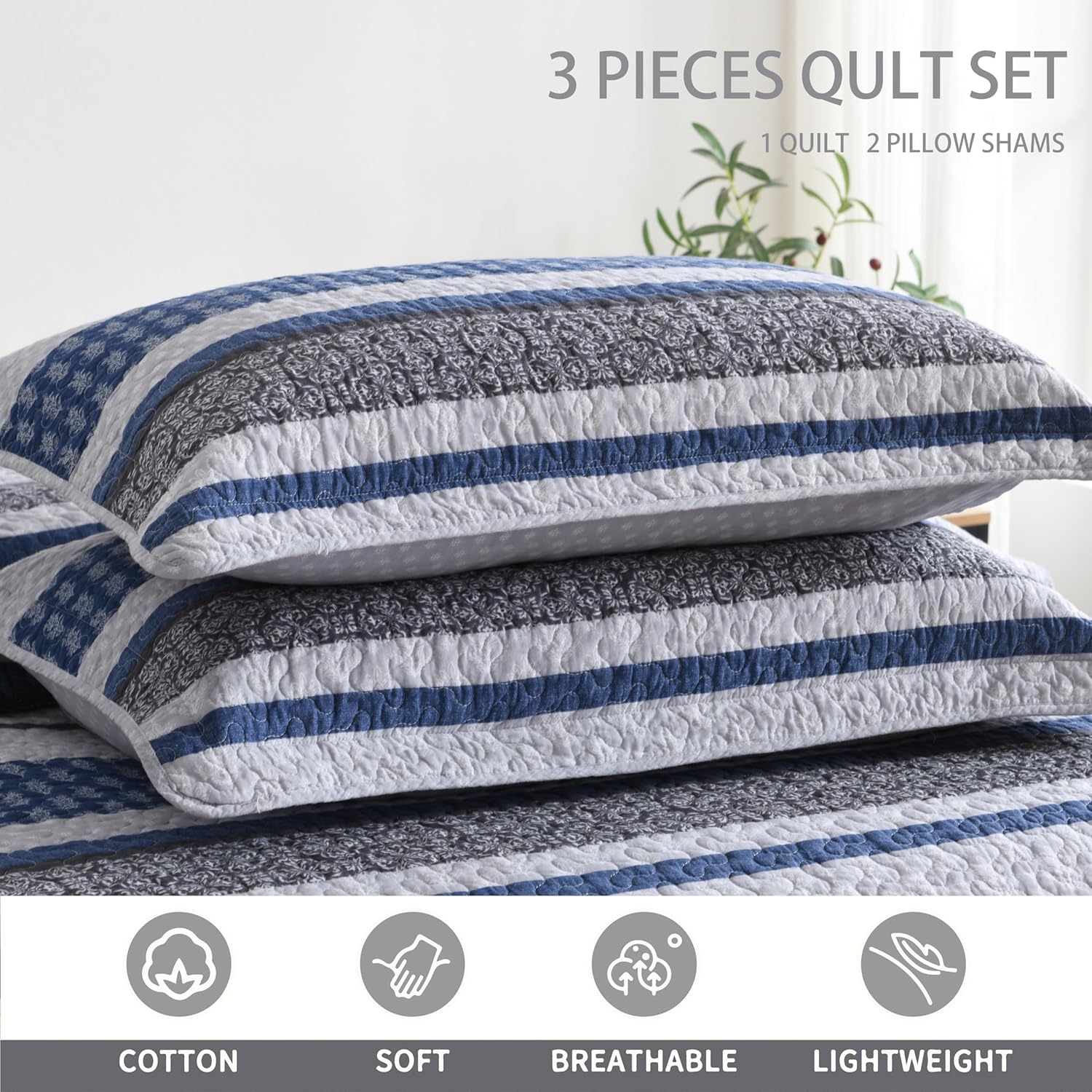 Homzard 100% Cotton Quilt Set,California King 118'' x 106'' Oversized Bedspread Set with 2 Pillow Shams, Blue Gray Lightweight Comforter Set Striped Floral Bedding Sets, 3 Piece King Bed Set | Breathable Bedding