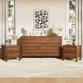 Furniway Walnut Mid-Century Modern 3 Piece Bedroom Furniture Set, 6 Drawer Dresser with Handleless Wood Grain Design and Nightstands Set of 2, Minimalist Storage Dresser for Bedroom