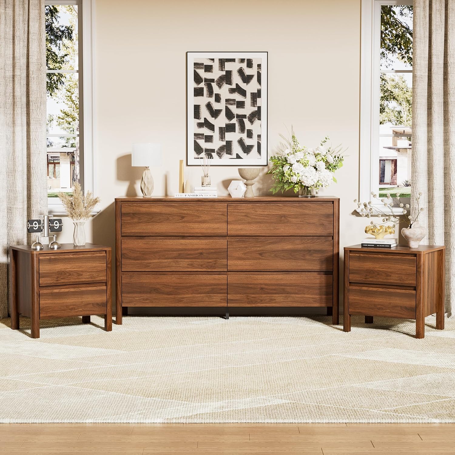 Furniway Walnut Mid-Century Modern 3 Piece Bedroom Furniture Set, 6 Drawer Dresser with Handleless Wood Grain Design and Nightstands Set of 2, Minimalist Storage Dresser for Bedroom