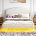 Ailisite Full Size Floating Bed Frame with LED Lights and Charging Port, Visual Floating LED Bed Frame with Curved Cloud Headboard, White Boucle Upholstered Platform Bed, Heavy Duty