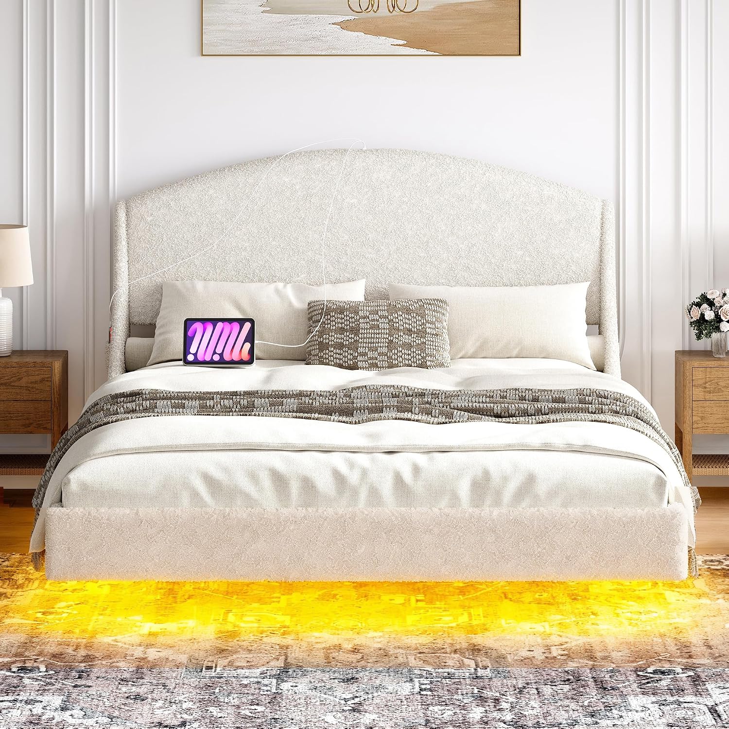 Ailisite Full Size Floating Bed Frame with LED Lights and Charging Port, Visual Floating LED Bed Frame with Curved Cloud Headboard, White Boucle Upholstered Platform Bed, Heavy Duty