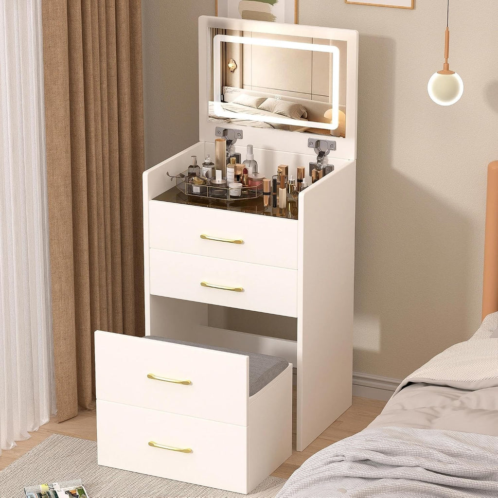 3 in 1 Vanity Desk with Open Top Mirror,Small Make Up Vanitys Set with Visible Glass Desktop,Compact Makeup Vanity with 3 Drawers,Dressing Table for Bedroom