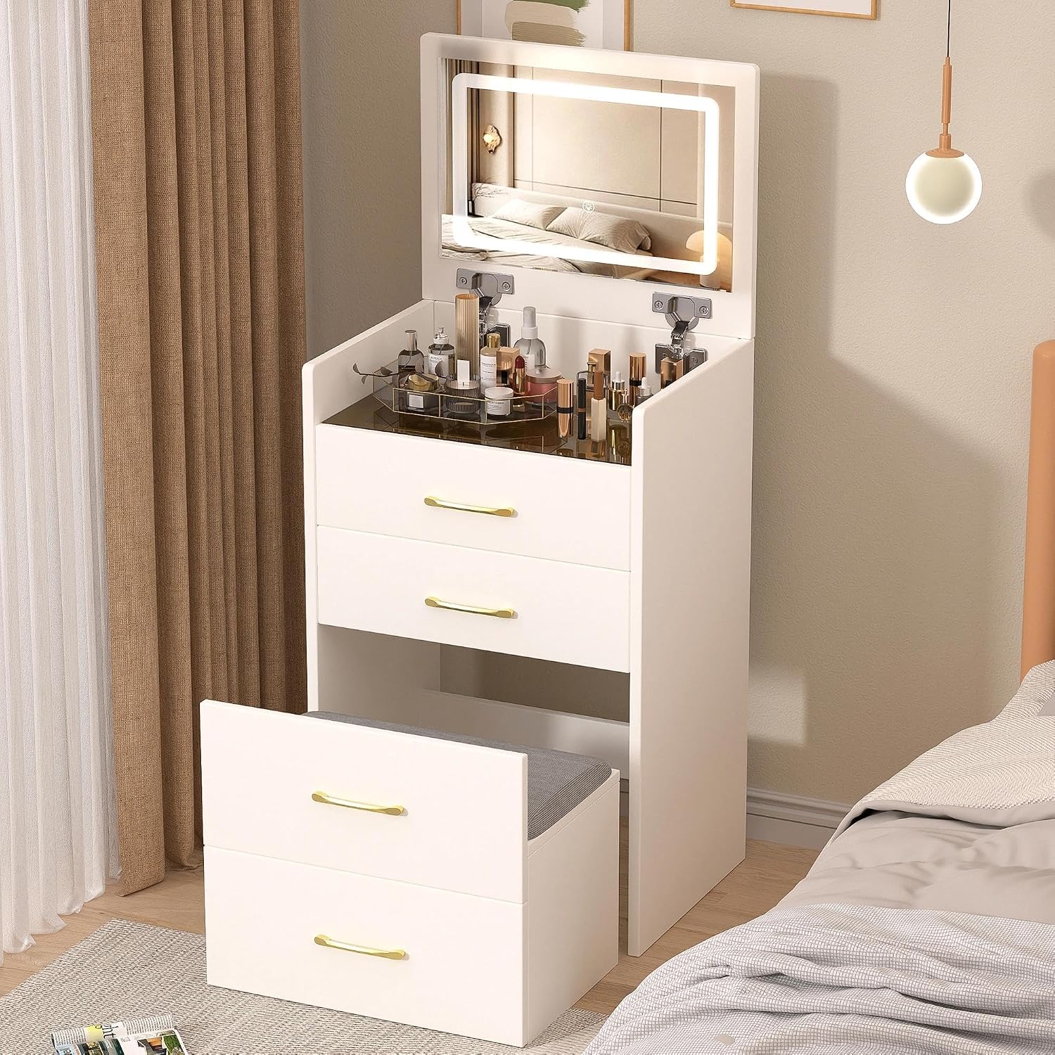 3 in 1 Vanity Desk with Open Top Mirror,Small Make Up Vanitys Set with Visible Glass Desktop,Compact Makeup Vanity with 3 Drawers,Dressing Table for Bedroom