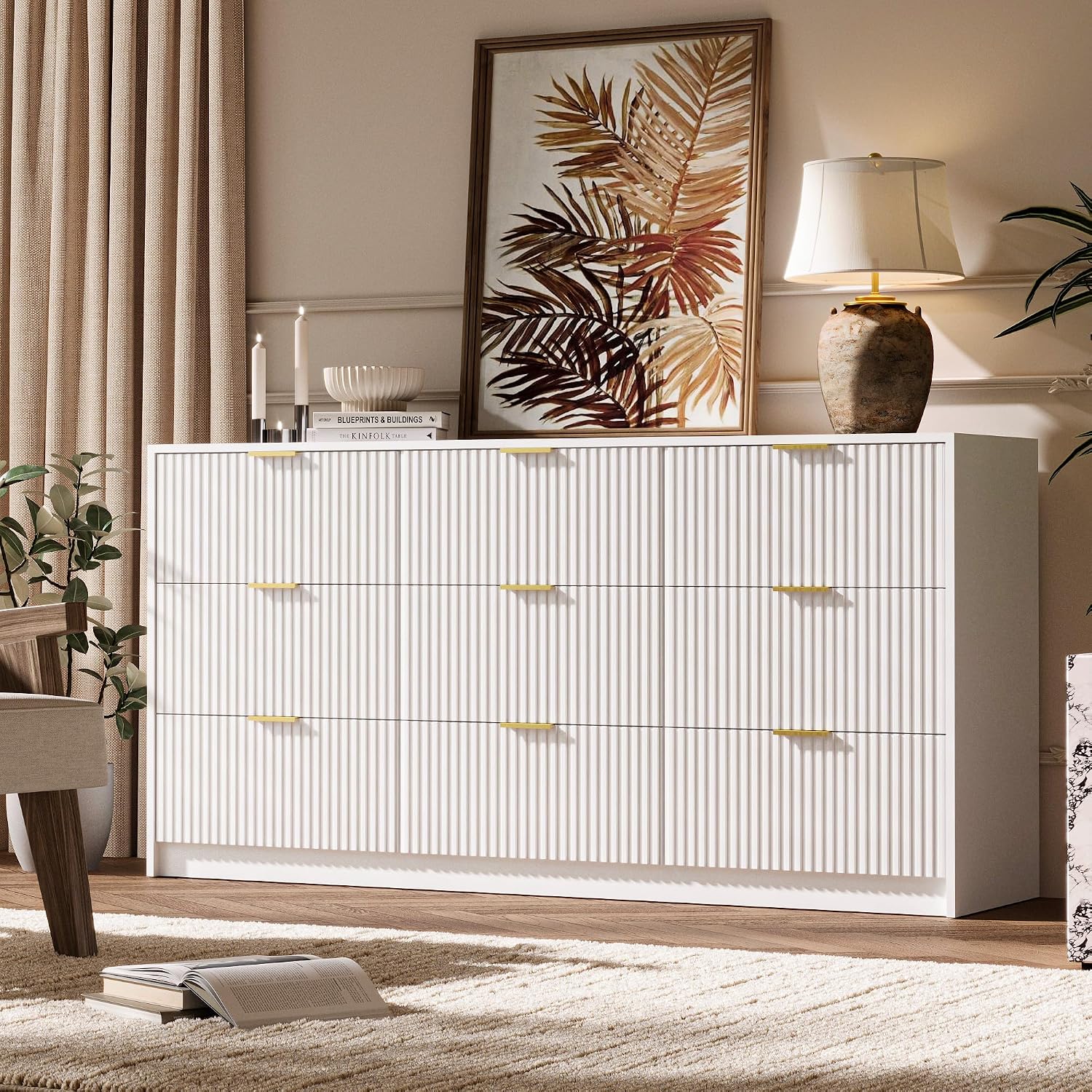 MAISONARIA 3-Piece Dresser Bedroom Set, 9 Drawer Dresser & 3 Drawer Nightstands with Gold Handles, Fluted Wood Chest of Drawers for Bedroom, Living Room, Entryway, White