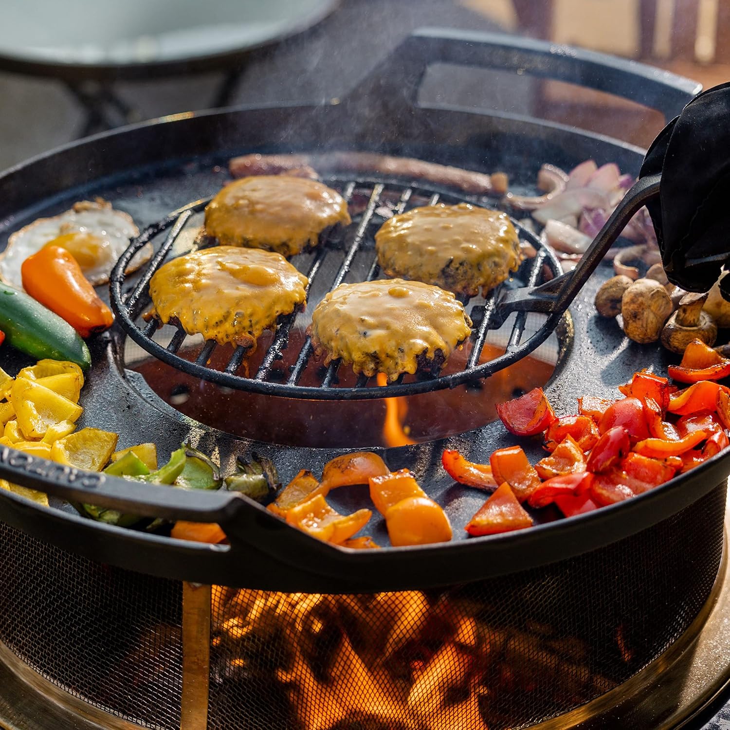 TIKI Fire Pit Griddle & Grill Combo – Cast Iron Cooking Surface for 16'-21' Smokeless Fire Pits – Outdoor BBQ Griddle for Camping & Patio – Includes Trivet & Heat-Resistant Gloves, Black