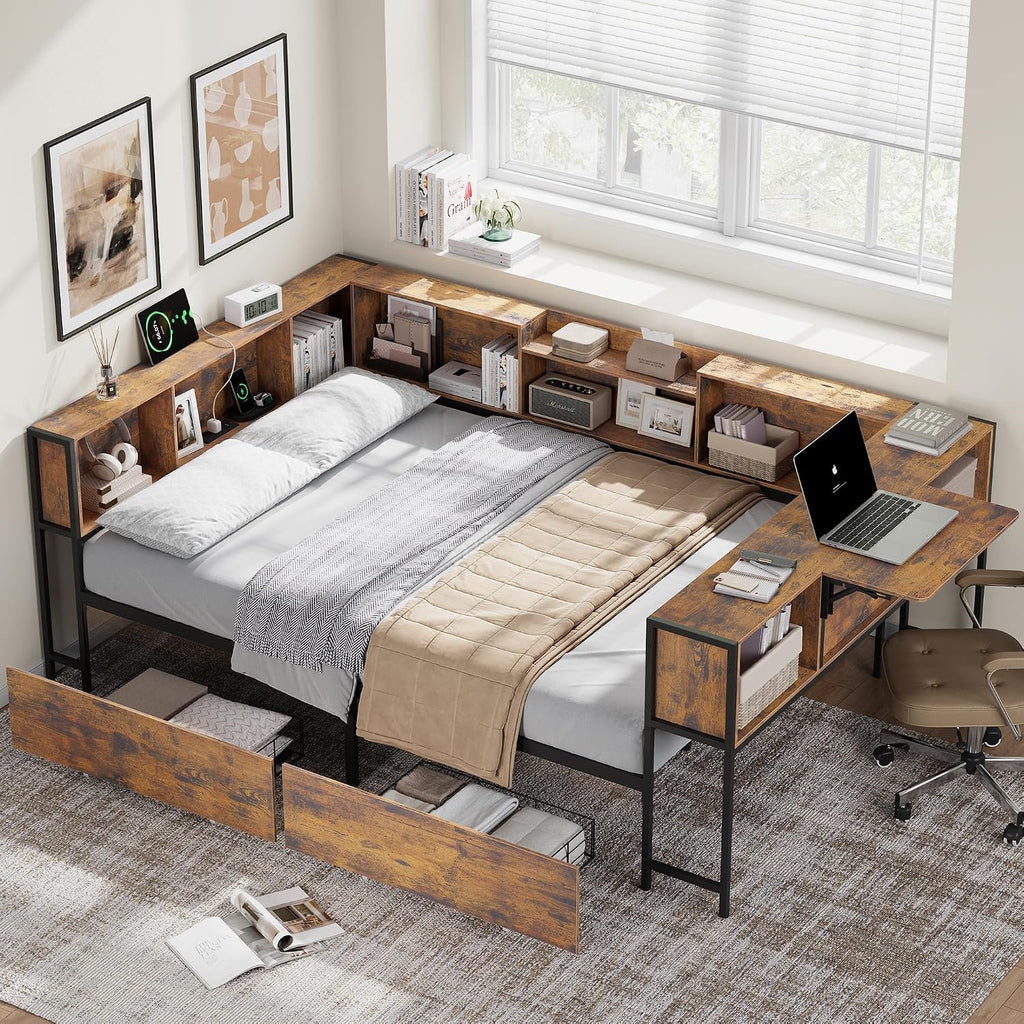 Full Corner Bed Frame with Storage Bookcase and Desktop, Daybed with Charging Station & 2 Storage Drawers, Full Size U-Shaped Metal Platform Bed for Teen & Kids, Bedroom, Living Room, Vintage Brown